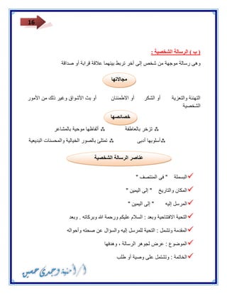 16 
) ب ( الرسالة الشخصية : 
وهى رسالة موجهة من شخص إلى آخر تربط بينهما علاقة قرابة أو صداقة 
التهنئة والتعزية أو الشكر أو الاطمئنان أو بث الأشواق وغير ذلك من الأمور 
الشخصية 
 تزخر بالعاطفة  ألفاظها موحية بالمشاعر 
 أسلوبها أدبى  تمتلئ بالصور الخيالية والمحسنات البديعية 
 البسملة " فى المنتصف " 
 المكان والتاريخ " إلى اليمين " 
 المرسل إليه " إلى اليمين " 
 التحية الافتتاحية وبعد : السلام عليكم ورحمة الله وبركاته . وبعد 
 المقدمة وتشمل : التحية للمرسل إليه والسؤال عن صحته وأحواله 
 الموضوع : عرض لجوهر الرسالة ، وهدفها 
 الخاتمة : وتشتمل على وصية أو طلب 
مجالاتها 
خصائصها 
عناصر الرسالة الشخصية 
 