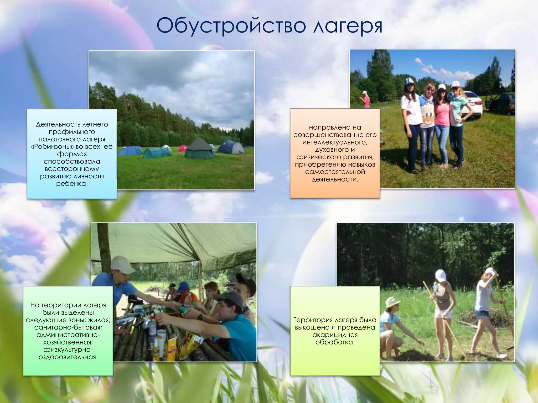 Деятельность летнего 
профильного 
палаточного лагеря 
«Робинзоны» во всех её 
формах 
способствовала 
всестороннему 
развитию личности 
ребенка, 
На территории лагеря 
были выделены 
следующие зоны: жилая; 
санитарно-бытовая; 
административно- 
хозяйственная; 
физкультурно- 
оздоровительная. 
Обустройство лагеря 
направлена на 
совершенствование его 
интеллектуального, 
духовного и 
физического развития, 
приобретению навыков 
самостоятельной 
деятельности. 
Территория лагеря была 
выкошена и проведена 
акарицидная 
обработка. 
 