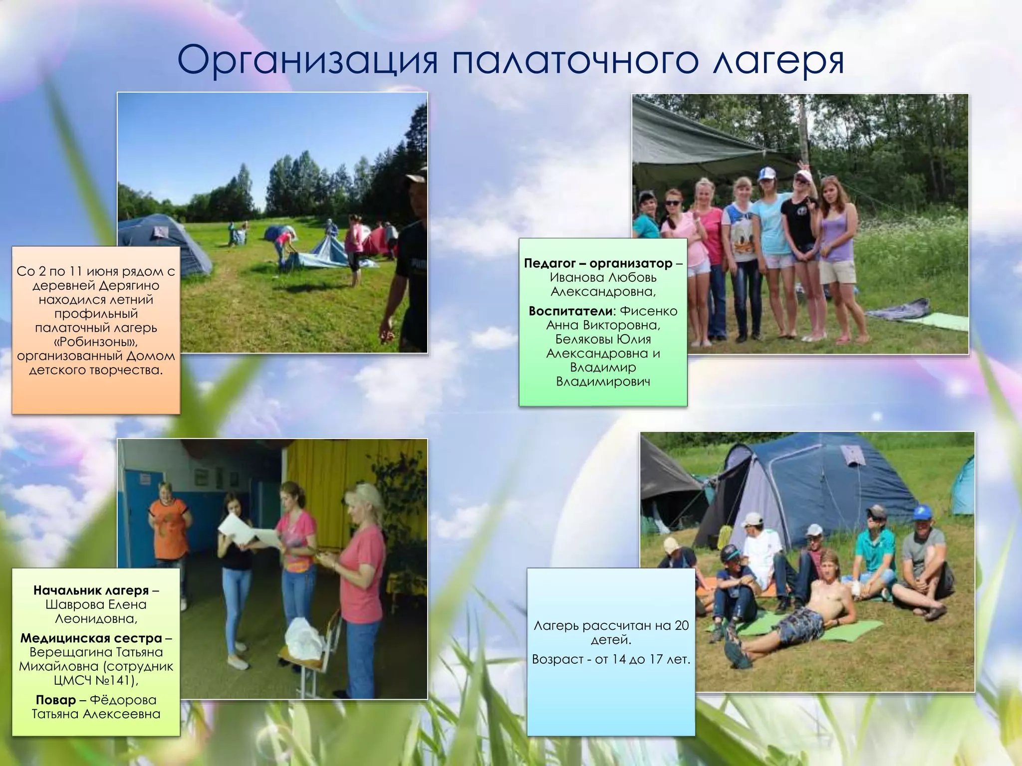 Педагог – организатор – 
Иванова Любовь 
Александровна, 
Воспитатели: Фисенко 
Анна Викторовна, 
Беляковы Юлия 
Александровна и 
Владимир 
Владимирович 
Лагерь рассчитан на 20 
детей. 
Возраст - от 14 до 17 лет. 
Со 2 по 11 июня рядом с 
деревней Дерягино 
находился летний 
профильный 
палаточный лагерь 
«Робинзоны», 
организованный Домом 
детского творчества. 
Начальник лагеря – 
Шаврова Елена 
Леонидовна, 
Медицинская сестра – 
Верещагина Татьяна 
Михайловна (сотрудник 
ЦМСЧ №141), 
Повар – Фёдорова 
Татьяна Алексеевна 
Организация палаточного лагеря 
 