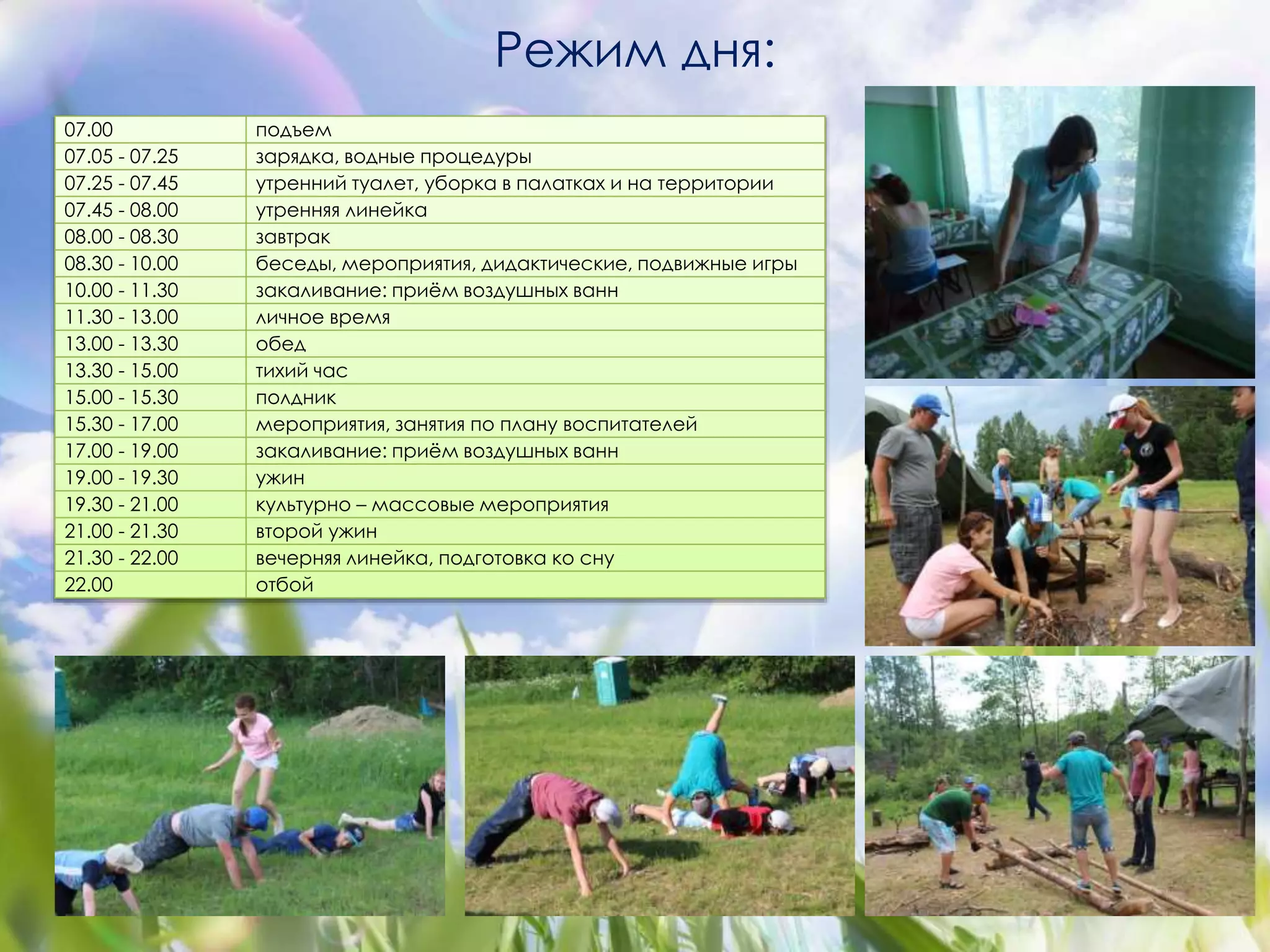Режим дня: 
07.00 подъем 
07.05 - 07.25 зарядка, водные процедуры 
07.25 - 07.45 утренний туалет, уборка в палатках и на территории 
07.45 - 08.00 утренняя линейка 
08.00 - 08.30 завтрак 
08.30 - 10.00 беседы, мероприятия, дидактические, подвижные игры 
10.00 - 11.30 закаливание: приём воздушных ванн 
11.30 - 13.00 личное время 
13.00 - 13.30 обед 
13.30 - 15.00 тихий час 
15.00 - 15.30 полдник 
15.30 - 17.00 мероприятия, занятия по плану воспитателей 
17.00 - 19.00 закаливание: приём воздушных ванн 
19.00 - 19.30 ужин 
19.30 - 21.00 культурно – массовые мероприятия 
21.00 - 21.30 второй ужин 
21.30 - 22.00 вечерняя линейка, подготовка ко сну 
22.00 отбой 
 