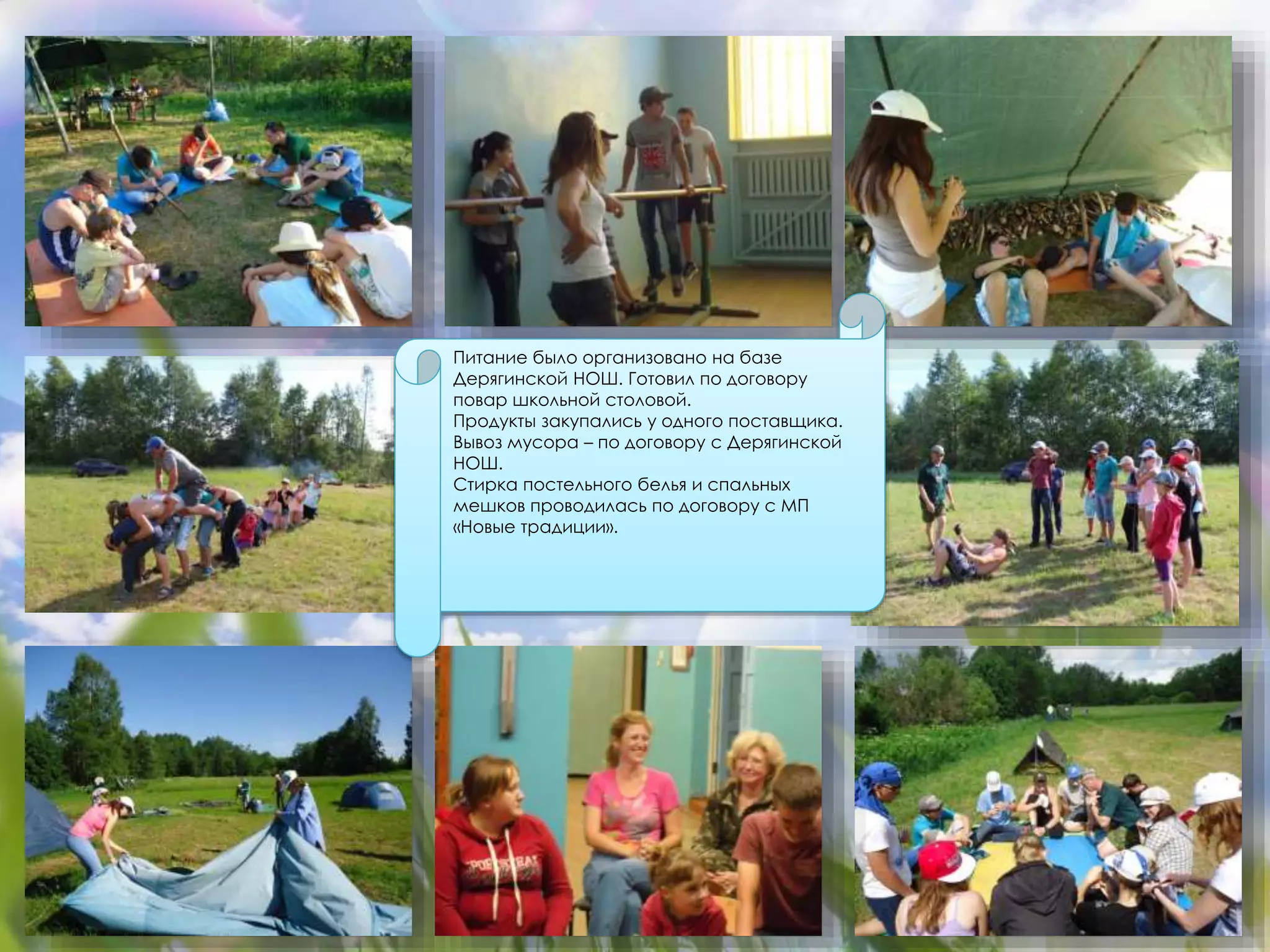Питание было организовано на базе 
Дерягинской НОШ. Готовил по договору 
повар школьной столовой. 
Продукты закупались у одного поставщика. 
Вывоз мусора – по договору с Дерягинской 
НОШ. 
Стирка постельного белья и спальных 
мешков проводилась по договору с МП 
«Новые традиции». 
 