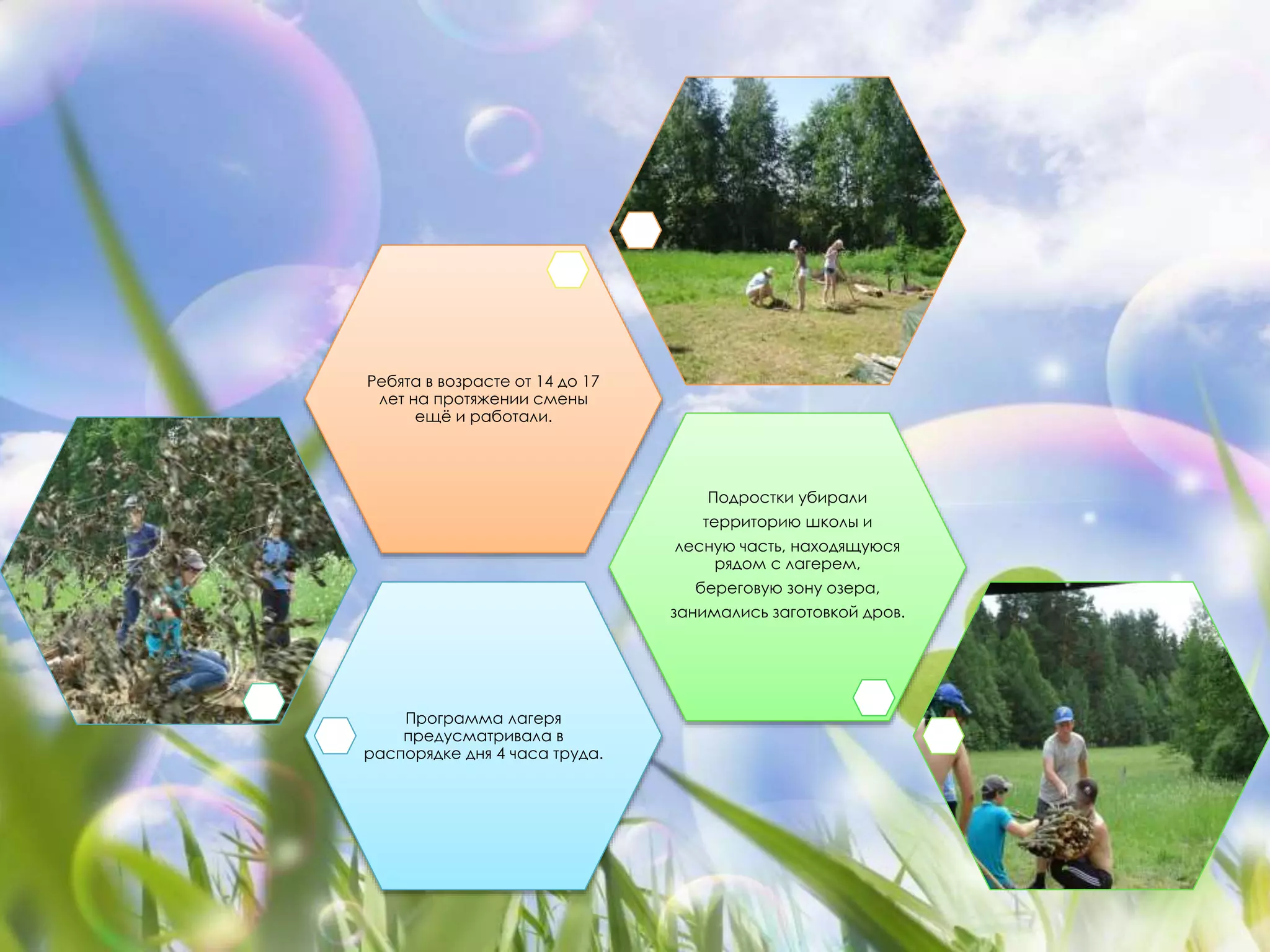 Программа лагеря 
предусматривала в 
распорядке дня 4 часа труда. 
Подростки убирали 
территорию школы и 
лесную часть, находящуюся 
рядом с лагерем, 
береговую зону озера, 
занимались заготовкой дров. 
Ребята в возрасте от 14 до 17 
лет на протяжении смены 
ещё и работали. 
 
