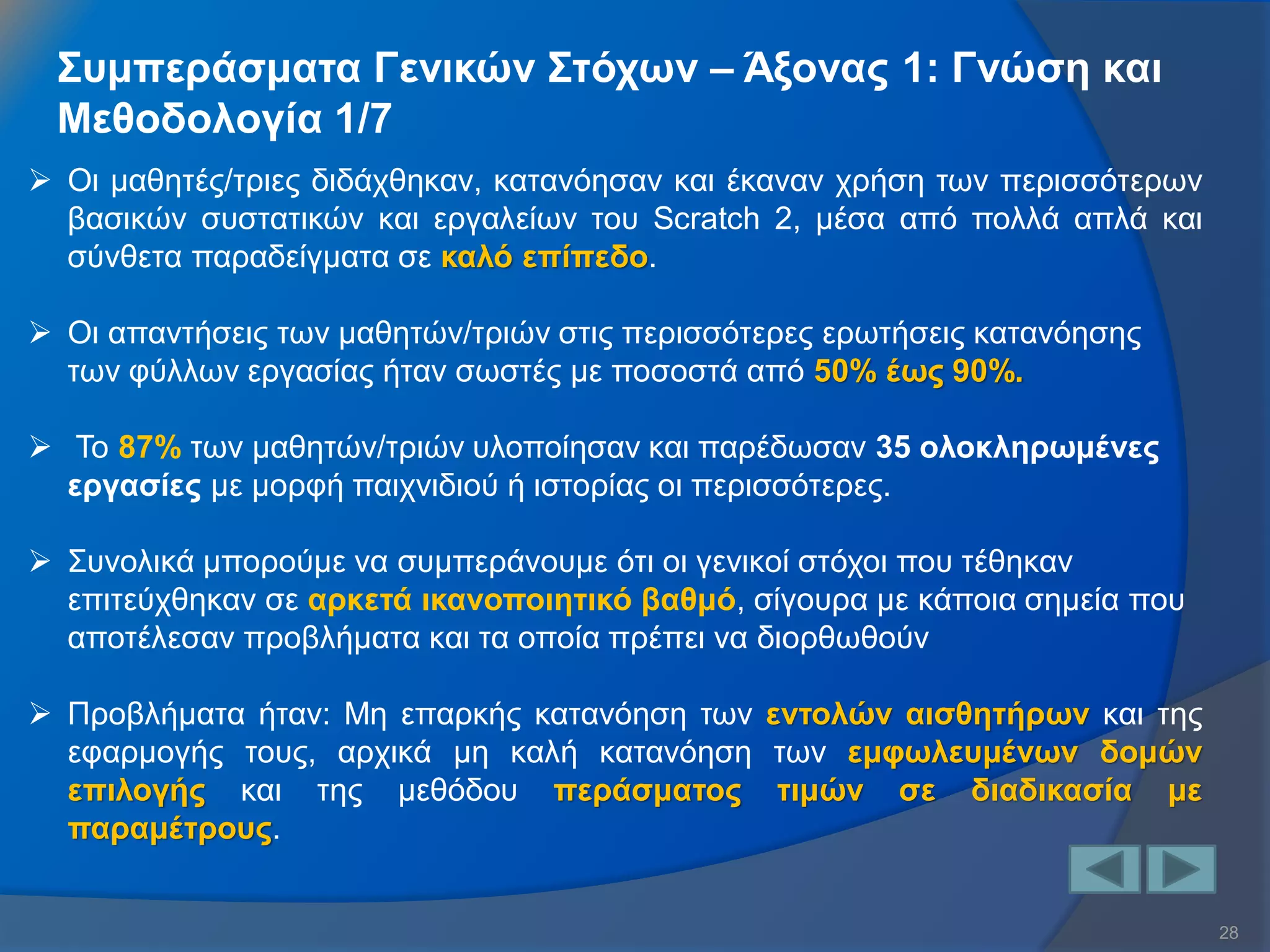 28 
Συμπεράσματα Γενικών Στόχων – Άξονας 1: Γνώση και Μεθοδολογία 1/7 
Oι μαθητές/τριες διδάχθηκαν, κατανόησαν και έκαναν χρήση των περισσότερων βασικών συστατικών και εργαλείων του Scratch 2, μέσα από πολλά απλά και σύνθετα παραδείγματα σε καλό επίπεδο. 
Οι απαντήσεις των μαθητών/τριών στις περισσότερες ερωτήσεις κατανόησης των φύλλων εργασίας ήταν σωστές με ποσοστά από 50% έως 90%. 
 Το 87% των μαθητών/τριών υλοποίησαν και παρέδωσαν 35 ολοκληρωμένες εργασίες με μορφή παιχνιδιού ή ιστορίας οι περισσότερες. 
Συνολικά μπορούμε να συμπεράνουμε ότι οι γενικοί στόχοι που τέθηκαν επιτεύχθηκαν σε αρκετά ικανοποιητικό βαθμό, σίγουρα με κάποια σημεία που αποτέλεσαν προβλήματα και τα οποία πρέπει να διορθωθούν 
Προβλήματα ήταν: Μη επαρκής κατανόηση των εντολών αισθητήρων και της εφαρμογής τους, αρχικά μη καλή κατανόηση των εμφωλευμένων δομών επιλογής και της μεθόδου περάσματος τιμών σε διαδικασία με παραμέτρους.  