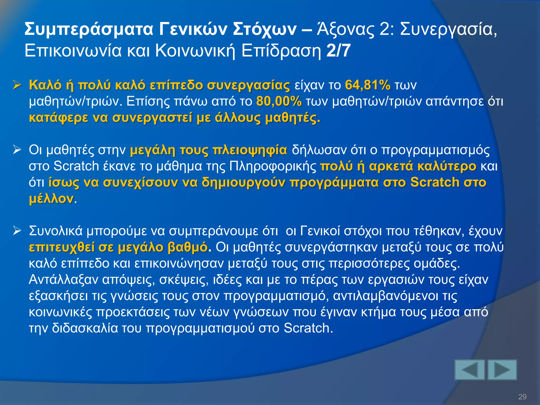 29 
Συμπεράσματα Γενικών Στόχων – Άξονας 2: Συνεργασία, Επικοινωνία και Κοινωνική Επίδραση 2/7 
Καλό ή πολύ καλό επίπεδο συνεργασίας είχαν το 64,81% των μαθητών/τριών. Επίσης πάνω από το 80,00% των μαθητών/τριών απάντησε ότι κατάφερε να συνεργαστεί με άλλους μαθητές. 
Οι μαθητές στην μεγάλη τους πλειοψηφία δήλωσαν ότι ο προγραμματισμός στο Scratch έκανε το μάθημα της Πληροφορικής πολύ ή αρκετά καλύτερο και ότι ίσως να συνεχίσουν να δημιουργούν προγράμματα στο Scratch στο μέλλον. 
Συνολικά μπορούμε να συμπεράνουμε ότι oι Γενικοί στόχοι που τέθηκαν, έχουν επιτευχθεί σε μεγάλο βαθμό. Οι μαθητές συνεργάστηκαν μεταξύ τους σε πολύ καλό επίπεδο και επικοινώνησαν μεταξύ τους στις περισσότερες ομάδες. Αντάλλαξαν απόψεις, σκέψεις, ιδέες και με το πέρας των εργασιών τους είχαν εξασκήσει τις γνώσεις τους στον προγραμματισμό, αντιλαμβανόμενοι τις κοινωνικές προεκτάσεις των νέων γνώσεων που έγιναν κτήμα τους μέσα από την διδασκαλία του προγραμματισμού στο Scratch.  