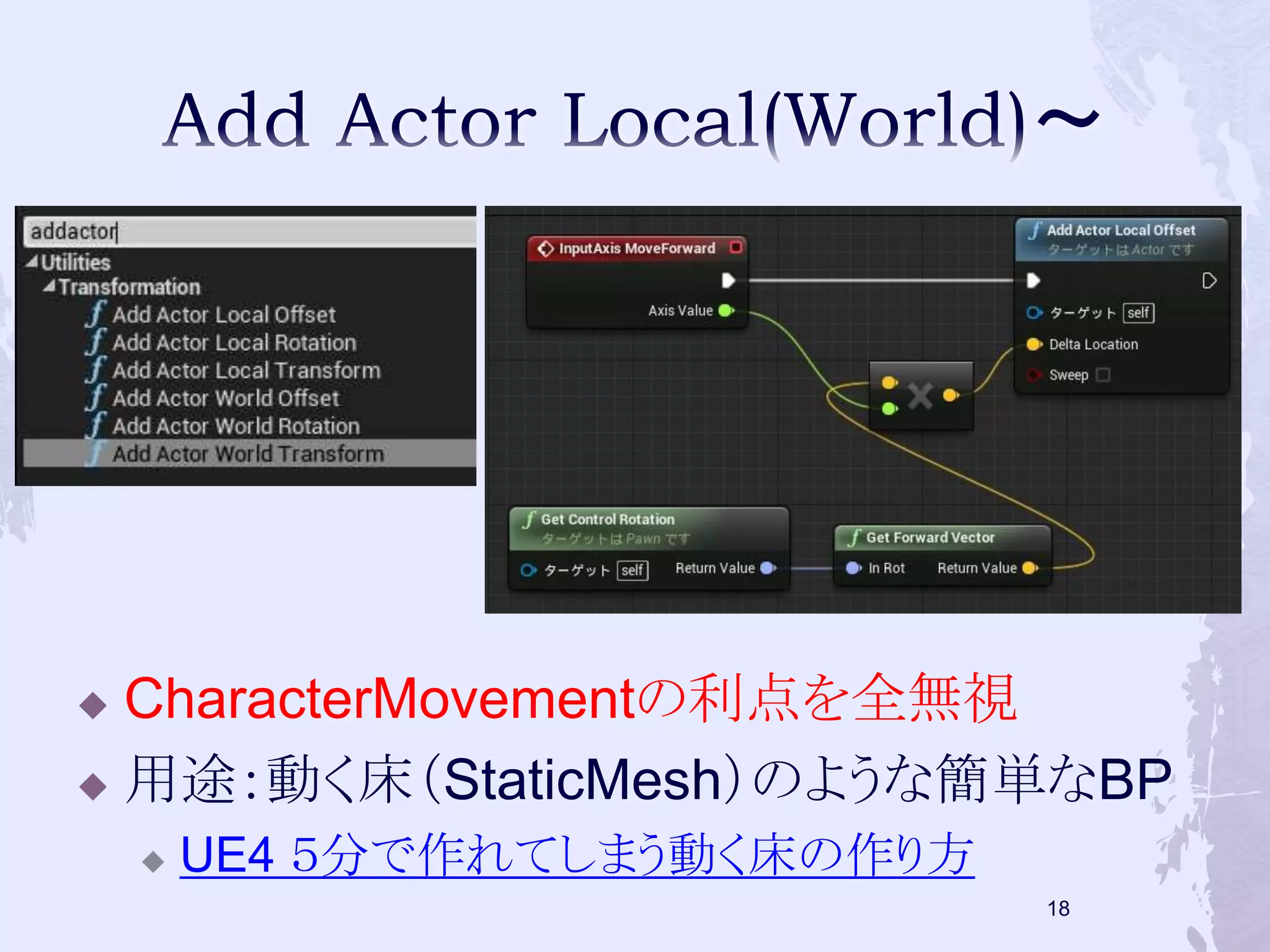  CharacterMovementの利点を全無視 
 用途：動く床（StaticMesh）のような簡単なBP 
 UE4 ５分で作れてしまう動く床の作り方 
18 
 