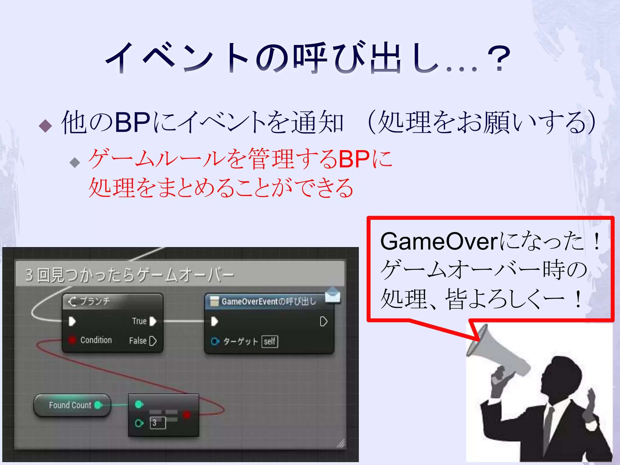  他のBPにイベントを通知（処理をお願いする） 
 ゲームルールを管理するBPに 
処理をまとめることができる 
GameOverになった！ 
ゲームオーバー時の 
処理、皆よろしくー！ 
60 
 