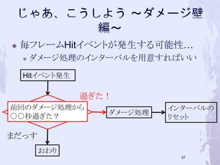  毎フレームHitイベントが発生する可能性… 
 ダメージ処理のインターバルを用意すればいい 
36 
Hitイベント発生 
過ぎた！ 
前回のダメージ処理から 
○○秒過ぎた？ 
おわり 
まだっす 
ダメージ処理 
インターバルの 
リセット 
 