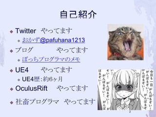  Twitter やってます 
 おかず@pafuhana1213 
 ブログやってます 
 ぼっちプログラマのメモ 
 UE4 やってます 
 UE4歴：約６ヶ月 
 OculusRift やってます 
 社畜プログラマやって...