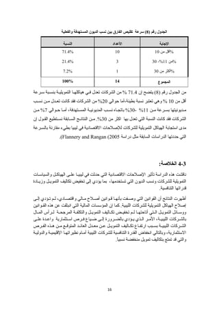 الجدول رقم ( 8) سرعة تقليص الفارق بين نسب الديون المستهدفة والفعلية 
الجاابة العداد النسبة 
71.4% %أقل من 10 10 
21.4% 3 30 -% %من 11 
7.2% %أكثر من 1 30 
100% المجموع 14 
من الجدول رقم ( 8) يتضح إن 71.4 % من الشركات تعدل فسي هياكلهسا التمويليسة بنسسبة سسرعة 
أقل من 10 % وهي تعتبر نسبة بطيئة،أما حوالي 20 % من الشركات فقد كانت تعسسدل مسسن نسسسب 
30 % باتجسساه نسسسب المديونيسسة المسسستهدفة، أمسسا حسسوالي 7% مسسن - % مسسديونيتها بسسسرعة مسسن 11 
الشركات فقد كانت النسبة التي تعدل بها اكثر من 30 %. مسسن النتائسسج السسسابقة نسسستطيع القسسول إن 
مدى استجابة الهياكل التمويلية للشركات للصللحات القتصادية في ليبيا بطيء مقارنة بالسسرعة 
.(Flannery and Rangan ( التي حددتها الدراسات السابقة مثل دراسة 2005 
4-3 الخلصةة: 
ناقشت هذه الدراسة تأثير الصللحات القتصادية التي حدثت في ليبيسسا علسسى الهياكسسل والسياسسسات 
التمويلية للشركات ونسب الديون التي تستخدمها، بما يؤدي إلى تخفيض تكاليف التمويسسل وزيسسادة 
قدراتها التنافسية. 
أظهرت النتائج أن القوانين التي وصلسسفت بأنهسسا قسسوانين أصلسسلح  مسسالي واقتصسسادي، لسسم تسسؤدي إلسسى 
إصللح  الهياكل التمويلية للشركات الليبية. كما إن المؤسسات المالية التي انبثقت عن هذه القسسوانين 
ووسسسائل التمويسسل السستي أتاحتهسسا لسسم تخفيسسض تكسساليف التمويسسل والتكلفسسة المرجحسسة لسسرأس المسسال 
بالشسسركات الليبيسسة، المسسر السسذي يسسؤدي بالضسسرورة إلسسى ضسسياع فسسرص اسسستثمارية واعسسدة علسسى 
الشسسركات الليبيسسة بسسسبب ارتفسساع تكسساليف التمويسسل عسسن معسسدل العائسسد المتوقسسع مسسن هسسذه الفسسرص 
الستثمارية، وبالتالي انخفاض القدرة التنافسية للشركات الليبية أمسام نظيراتهسا القليميسة والدوليسة 
والتي قد تمتع بتكاليف تمويل منخفضة نسبياً.. 
16 
 