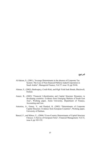 المراجاع: 
Al-Sakran, S., (2001), “leverage Determinants in the absence of Corporate Tax 
System: The Case of Non-financial Publicly traded Corporation in 
Saudi Arabia”, Managerial Finance, Vol 27, issue 10, pp 58-86. 
Altman, E., (2002), Bankruptcy, Credit Risk, and High Yield Junk Bonds, Blackwell, 
Oxford. 
Ameer, R., (2003) “Financial Liberalization and Capital Structure Dynamics in 
developing countries: Evidence from Emerging Markets of South East 
Asia”, Working paper, Aston University, Department of Finance, 
Accounting and Law. 
Antoniou, A., Guney, Y., and Paudyal, K. (2002) “Determinants of Corporate 
Capital Structure: Evidence from European Countries”, Working paper, 
University of Durham. 
Bancel, F., and Mittoo, U., (2004) “Cross-Country Determinants of Capital Structure 
Choices: A Survey of European Firms”, Financial Management, Vol 33, 
issue 4, pp 103-132. 
17 
 