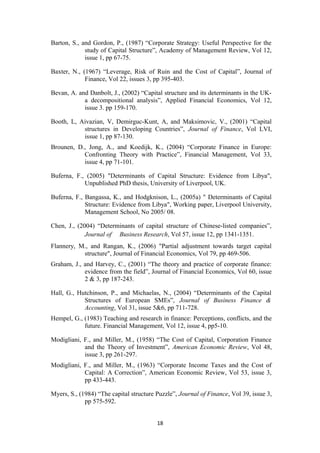 Barton, S., and Gordon, P., (1987) “Corporate Strategy: Useful Perspective for the 
study of Capital Structure”, Academy of Management Review, Vol 12, 
issue 1, pp 67-75. 
Baxter, N., (1967) “Leverage, Risk of Ruin and the Cost of Capital”, Journal of 
Finance, Vol 22, issues 3, pp 395-403. 
Bevan, A. and Danbolt, J., (2002) “Capital structure and its determinants in the UK-a 
decompositional analysis”, Applied Financial Economics, Vol 12, 
issue 3. pp 159-170. 
Booth, L, Aivazian, V, Demirguc-Kunt, A, and Maksimovic, V., (2001) “Capital 
structures in Developing Countries”, Journal of Finance, Vol LVI, 
issue 1, pp 87-130. 
Brounen, D., Jong, A., and Koedijk, K., (2004) “Corporate Finance in Europe: 
Confronting Theory with Practice”, Financial Management, Vol 33, 
issue 4, pp 71-101. 
Buferna, F., (2005) "Determinants of Capital Structure: Evidence from Libya", 
Unpublished PhD thesis, University of Liverpool, UK. 
Buferna, F., Bangassa, K., and Hodgknison, L., (2005a) " Determinants of Capital 
Structure: Evidence from Libya", Working paper, Liverpool University, 
Management School, No 2005/ 08. 
Chen, J., (2004) “Determinants of capital structure of Chinese-listed companies”, 
Journal of Business Research, Vol 57, issue 12, pp 1341-1351. 
Flannery, M., and Rangan, K., (2006) "Partial adjustment towards target capital 
structure", Journal of Financial Economics, Vol 79, pp 469-506. 
Graham, J., and Harvey, C., (2001) “The theory and practice of corporate finance: 
evidence from the field”, Journal of Financial Economics, Vol 60, issue 
2 & 3, pp 187-243. 
Hall, G., Hutchinson, P., and Michaelas, N., (2004) “Determinants of the Capital 
Structures of European SMEs”, Journal of Business Finance & 
Accounting, Vol 31, issue 5&6, pp 711-728. 
Hempel, G., (1983) Teaching and research in finance: Perceptions, conflicts, and the 
future. Financial Management, Vol 12, issue 4, pp5-10. 
Modigliani, F., and Miller, M., (1958) “The Cost of Capital, Corporation Finance 
and the Theory of Investment”, American Economic Review, Vol 48, 
issue 3, pp 261-297. 
Modigliani, F., and Miller, M., (1963) “Corporate Income Taxes and the Cost of 
Capital: A Correction”, American Economic Review, Vol 53, issue 3, 
pp 433-443. 
Myers, S., (1984) “The capital structure Puzzle”, Journal of Finance, Vol 39, issue 3, 
pp 575-592. 
18 
 