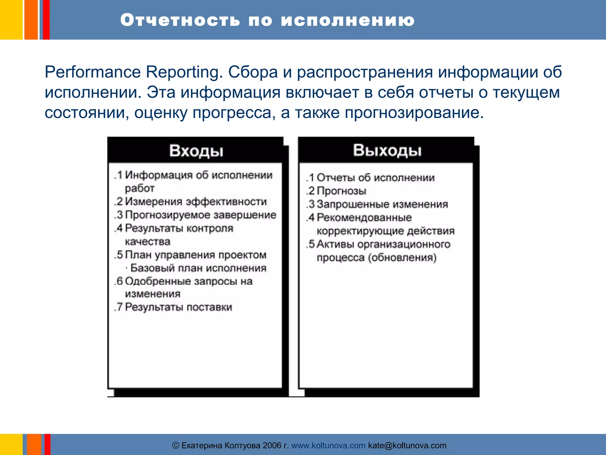 Отчетность по исполнению 
Performance Reporting. Сбора и распространения информации об 
исполнении. Эта информация включает в себя отчеты о текущем 
состоянии, оценку прогресса, а также прогнозирование. 
ãЕкатерина Колтуова 2006 г. www.koltunova.com kate@koltunova.com 
 