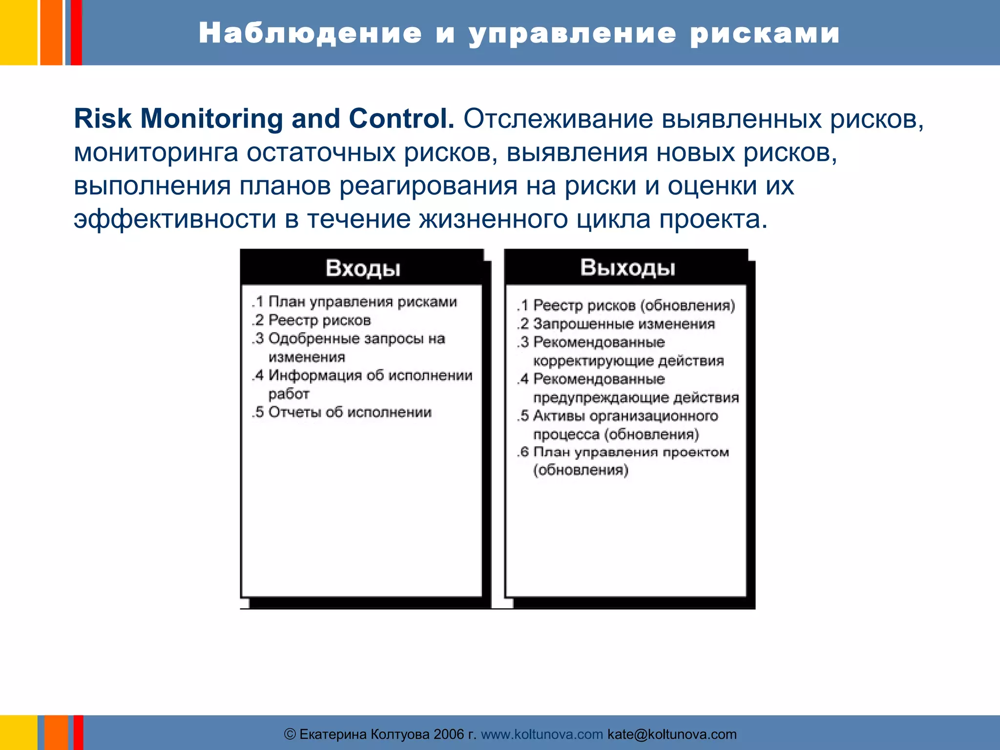 Наблюдение и управление рисками 
Risk Monitoring and Control. Отслеживание выявленных рисков, 
мониторинга остаточных рисков, выявления новых рисков, 
выполнения планов реагирования на риски и оценки их 
эффективности в течение жизненного цикла проекта. 
ãЕкатерина Колтуова 2006 г. www.koltunova.com kate@koltunova.com 
 