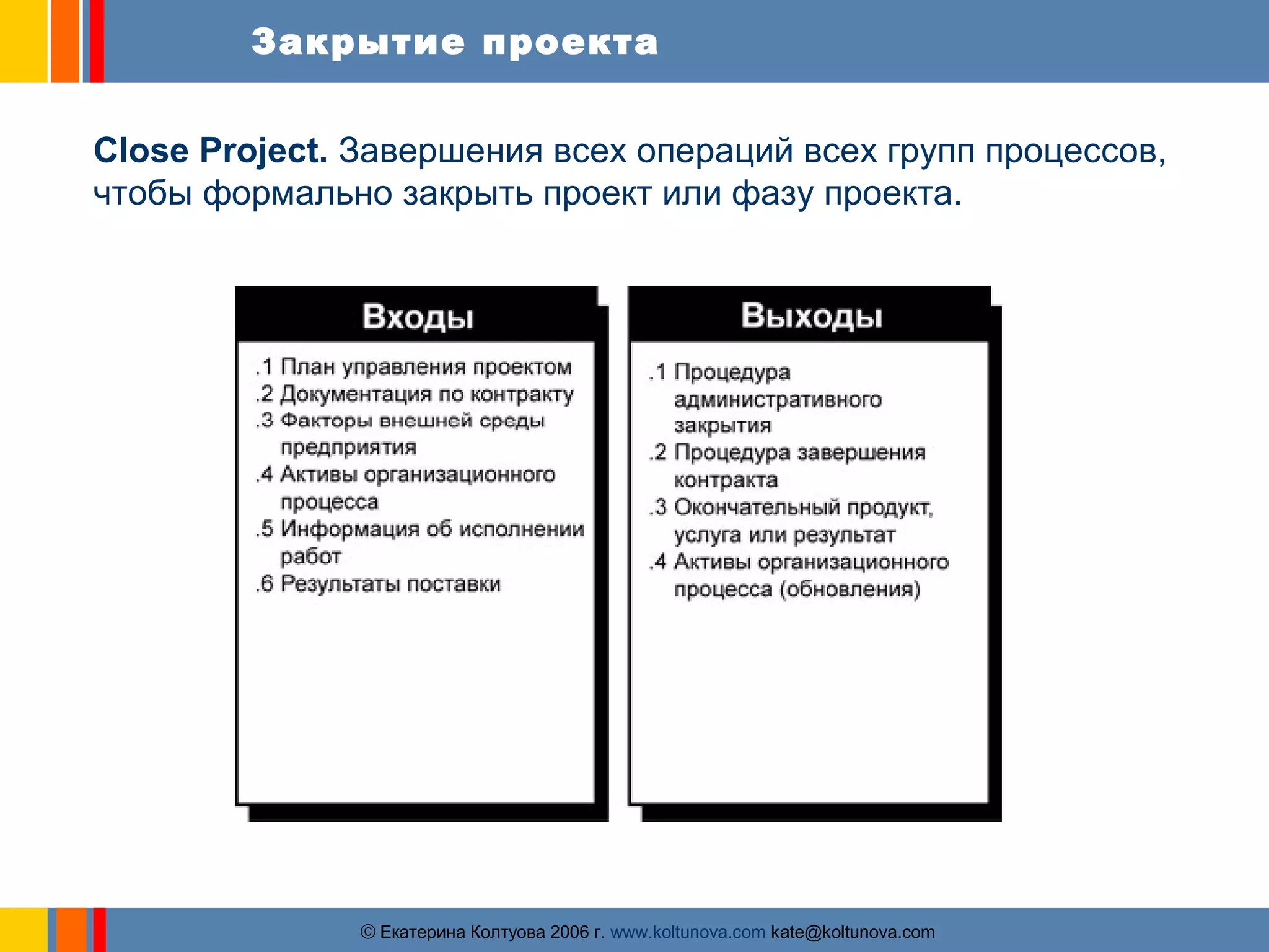 Закрытие проекта 
Close Project. Завершения всех операций всех групп процессов, 
чтобы формально закрыть проект или фазу проекта. 
ãЕкатерина Колтуова 2006 г. www.koltunova.com kate@koltunova.com 
 
