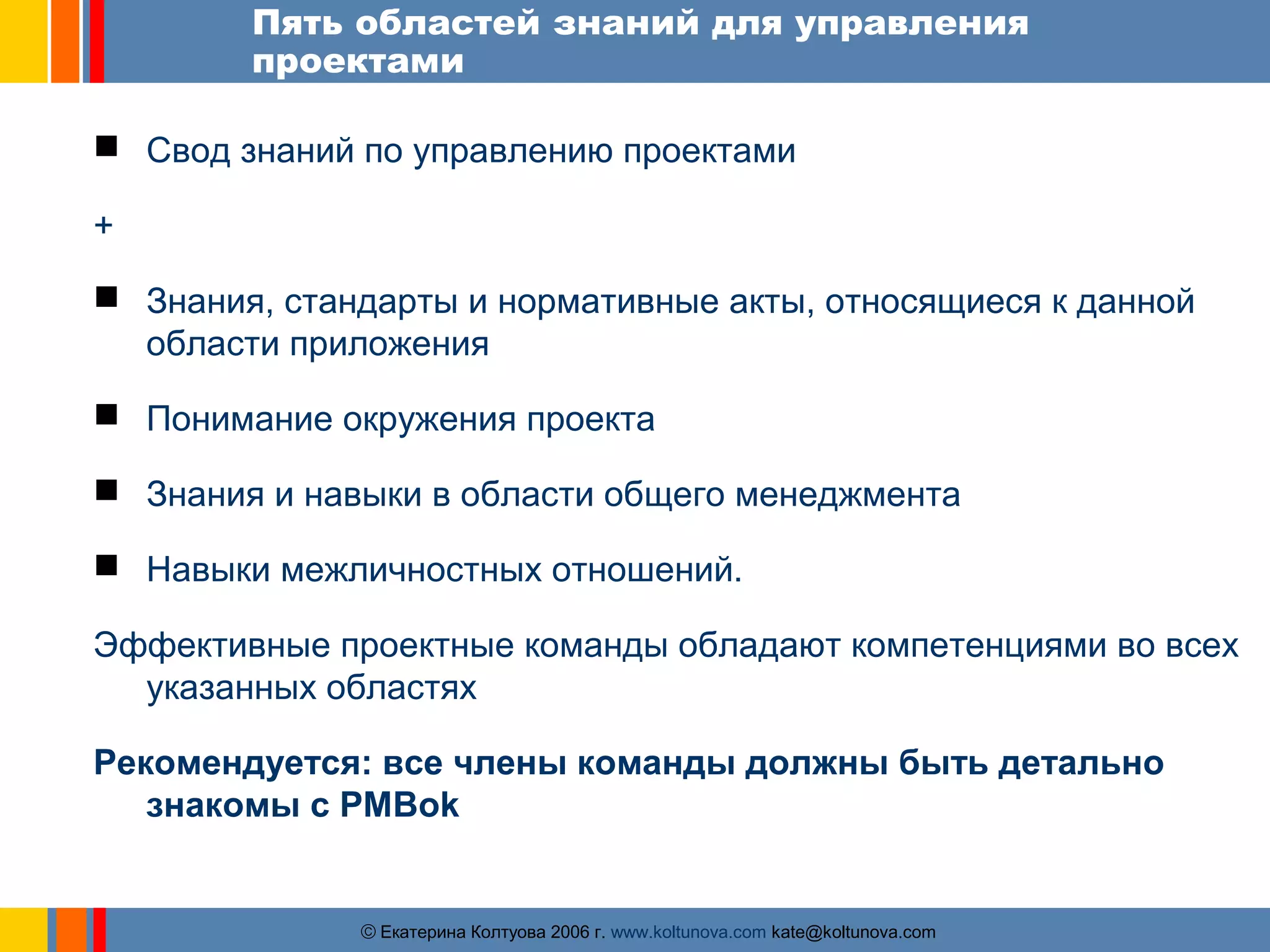 Пять областей знаний для управления 
проектами 
 Свод знаний по управлению проектами 
+ 
 Знания, стандарты и нормативные акты, относящиеся к данной 
области приложения 
 Понимание окружения проекта 
 Знания и навыки в области общего менеджмента 
 Навыки межличностных отношений. 
Эффективные проектные команды обладают компетенциями во всех 
указанных областях 
Рекомендуется: все члены команды должны быть детально 
знакомы с PMBok 
ãЕкатерина Колтуова 2006 г. www.koltunova.com kate@koltunova.com 
 
