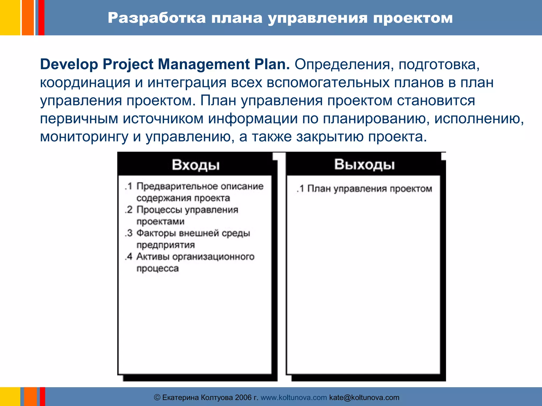 Разработка плана управления проектом 
Develop Project Management Plan. Определения, подготовка, 
координация и интеграция всех вспомогательных планов в план 
управления проектом. План управления проектом становится 
первичным источником информации по планированию, исполнению, 
мониторингу и управлению, а также закрытию проекта. 
ãЕкатерина Колтуова 2006 г. www.koltunova.com kate@koltunova.com 
 