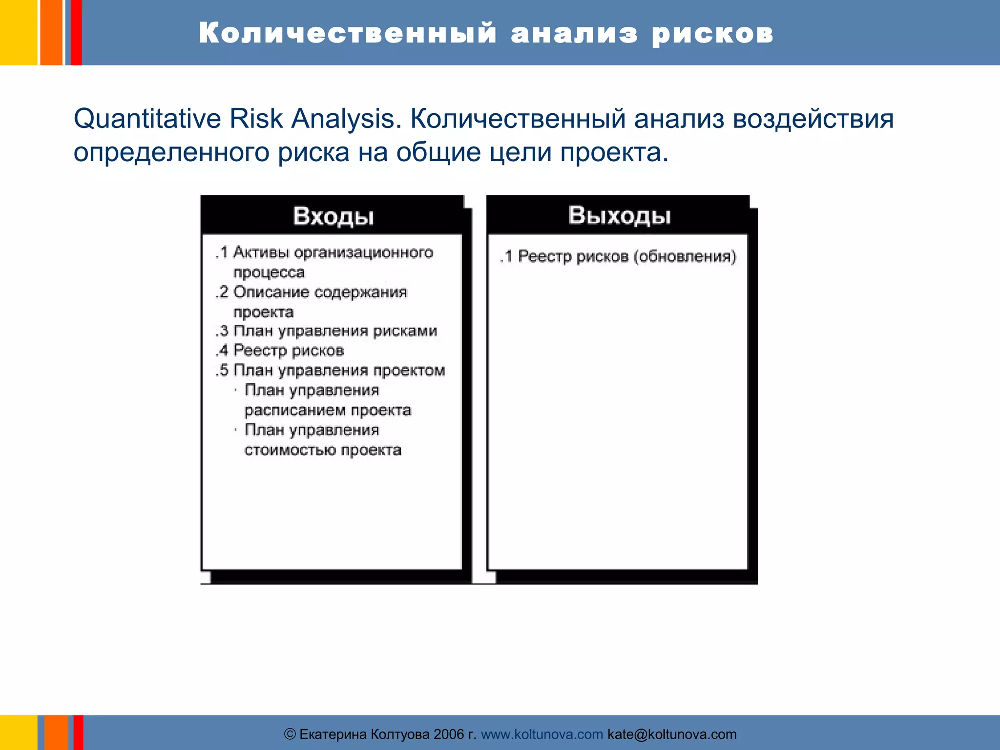 Количественный анализ рисков 
Quantitative Risk Analysis. Количественный анализ воздействия 
определенного риска на общие цели проекта. 
ãЕкатерина Колтуова 2006 г. www.koltunova.com kate@koltunova.com 
 