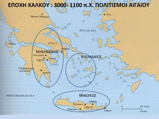 ΕΠΟΧΗ ΧΑΛΚΟΥ : 3000- 1100 π.Χ. ΠΟΛΙΤΙΣΜΟΙ ΑΙΓΑΙΟΥ 
ΚΥΚΛΑΔΙΚΟΣ 
ΜΙΝΩΙΚΟΣ 
ΜΥΚΗΝΑΪΚΟΣ 
 