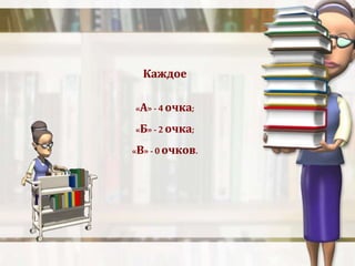 Каждое 
«А» - 4 очка; 
«Б» - 2 очка; 
«В» - 0 очков. 
 