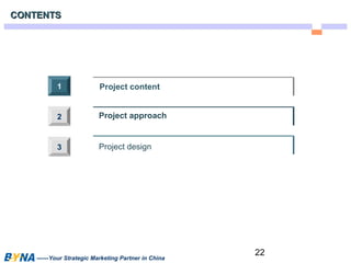 22 
CCOONNTTEENNTTSS 
Project content 
Project approach 
Project design 
11 
2 
3 
——Your Strategic Marketing Partner in China 
 