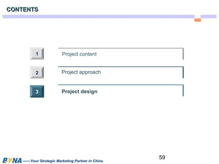 59 
CCOONNTTEENNTTSS 
Project content 
Project approach 
Project design 
11 
2 
3 
——Your Strategic Marketing Partner in China 
 