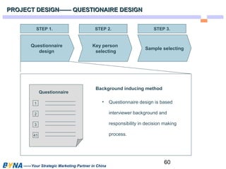 STEP 1. STEP 2. STEP 3. 
Key person 
selecting Sample selecting 
• Questionnaire design is based 
60 
PROJECT DESIGN—— QQUUEESSTTIIOONNAAIIRREE DDEESSIIGGNN 
Questionnaire 
design 
Background inducing method 
——Your Strategic Marketing Partner in China 
interviewer background and 
responsibility in decision making 
process. 
Questionnaire 
1 
2 
3 
41 
 