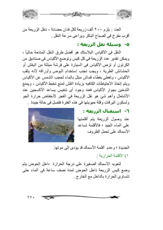 العدد : يلزم 111 ألف زريعة لكل فدان حضانة ، ننقل الزريعة من 
111 
أقرب مفرخ فى الصباح الباكر ويراعى سرعة النقل . 
-5 وسيلة نقل الزريعة : 
النقل فى الأكياس البافستك هو أفضل طرق النقل المتاحة حالياً ، 
ويمكن تقدير عدد الزريعة فى كل كيس وتوضع الأكياس فى صناديق من 
الكرتون أو ترص الأكياس فى السيارة على فرشة مبتلة من البقش أو 
الحشائش الطرية ، ويجب تجنب إستخدام البوص وأوراقه لأنه يثقب 
الأكياس ، وتغطى بغطاء قماش مبلل بالماء لحجب الشمس عن الأكياس 
ويتم إتخاذ الأحتياطات الكافيه بزيادة القش لمنع تخبط الأكياس ، ويمنع 
التدخين بجوار الأكياس فعند وجود أى تنفيس يساعد الأكسجين عند 
الأشتعال وأهم شئ هو نقل الزريعة فى الفجر لأنخفاض حرارة الجو 
ولسكون اليرقات وقلة حيويتها فى هذه الفترة فتصل فى حالة جيدة . 
-6 استقبال الزريعة : 
عند وصول الزريعة يتم أقلمتها 
على الماء الجيد ؛ فالأقلمة تساعد 
الأسماك على تحمل الظروف 
الجديدة ؛ وعدم أقلمة الأسماك قد يؤدى إلى موتها. 
2( الأقلمة الحرارية : 
لتعويد الأسماك الصغيرة على درجة الحرارة داخل الحوض يتم 
وضع كيس الزريعة داخل الحوض لمدة نصف ساعة فى الماء حتى 
تتساوى الحرارة بالداخل مع الخارج . 
 