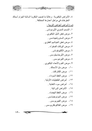-4 الأمراض البكتيرية : وغالبًا ما تصيب البكتريا السالبة الجرام أسماك 
131 
المفرخات في مراحل أعمارها المختلفة . 
)ب ( أمراض أحواض التربية : 
-2 التسمم الدموي الأيرموناس . 
-1 مرض تعفن الذيل البكتيري . 
-3 مرض السابرولجيناسس . 
-4 مرض تعفن الخياشيم الفطري . 
-5 مرض اليرقات الصفراء . 
-6 مرض الأكثيوفوناس . 
-0 مرض الأيرجاسيلوسس . 
-0 مرض الليرنيوسس . 
-0 مرض الفم والأمعاء البكتيري . 
-21 مرض سل الأسماك . 
-22 مرض الكتاراكت . 
-21 مرض النقط السوداء . 
-23 أمراض الطفيليات الأولية . 
-24 أمراض سوء التغذية . 
-25 الأمراض الوراثية . 
-26 مرض النقط البيضاء . 
-20 مرض المونوجنياسس . 
-20 مرض الفيبريوسس . 
-20 مرض الفاففوبكتريوسس . 
 