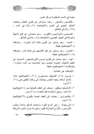 وفيما يلي النسب المطلوبة من كل عنصر . 
- الكالسيوم والفسفور : وهما مسئولان عن تكوين العظام وعمليات 
التمثيل الحيدي في الجسم والاحتياجات ) 1.0 %( في الماء ، 
%1.35 ( في العافئق . ( 
- الصوديوم والبوتاسيوم والكلوريد : وهم مسئولون عن فتح الشهية 
والحركة في الجهاز العصبي والاحتياجات ) 1.0 %( في العافئق . 
- الحديد : وهو مسئول عن تكوين خافيا الدم الحمراء ، وإضافته 
31 ملجم/كجم( عليقة . ( 
- النحاس : وهو مسئول عن نقل الأكسجين في خافيا الدم ، وإضافته 
5-2.5 ملجم/كجم( عليقة . ( 
- اليود : وهو مسئول عن تكوين هرمون الثيروكسجين ، المسئول عن 
تنظيم العمليات الحيوية بالجسم ويتم امتصاصه من الماء مباشرة ، 
91 
5ملجم/كجم( عليقة . - وإضافته ) 2 
- الإضافات غير الغذائية : 
61 ملجم/كجم( غذاء - -2 هرمون ) 20 ( الفاميثيل تستستيرون ) 31 
- لإنتاج أسماك وحيدة الجنس ويضاف إلى يرقات البلطي حتى ) 12 
10 ( يوم 
-1 الأوكستيتراسيكلين : يضاف إلى العلف كمنشط نمو ) 51 ملج/كجم( 
5( أيام ، ويمنع استخدامه قبل الحصاد بـ ) 12 ( يوم . ( 
-3 سلفاميرازين : يضاف إلى العلف لمضاد بكتيري ) 11 ملج/كجم( 
24 ( يوم . ( 
-4 البروبيتوك : وهي أنواع كثيرة وتستخدم كرافع مناعة ومقاوم 
للأمراض و الأنواع المتداولة كثيرة والجرعة حسب النشرة المرفقة 
 