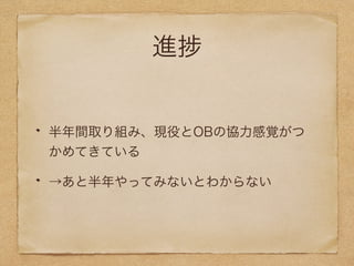 進捗 
半年間取り組み、現役とOBの協力感覚がつ 
かめてきている 
→あと半年やってみないとわからない 
 