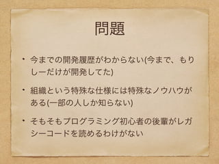 問題 
今までの開発履歴がわからない(今まで、もり 
しーだけが開発してた) 
組織という特殊な仕様には特殊なノウハウが 
ある(一部の人しか知らない) 
そもそもプログラミング初心者の後輩がレガ 
シーコードを読めるわけがない 
 