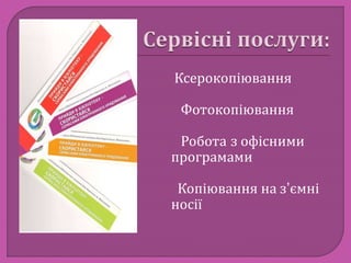 Ксерокопіювання 
Фотокопіювання 
Робота з офісними 
програмами 
Копіювання на з’ємні 
носії 
 