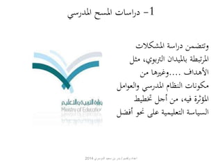 -1 دراسات المسح المدرسي 
وتتضمن دراسة المشكلات 
المرتبطة بالميدان الترب وي، مثل 
الأهداف ....وغيرها من 
مكونات النظام المدرسي والع وامل 
المؤثرة فيه، من أجل تخطيط 
السياسة التعليمية على نحو أفضل 
اعداد وتقديم / بدر بن سعيد الدوسري 2014 
 