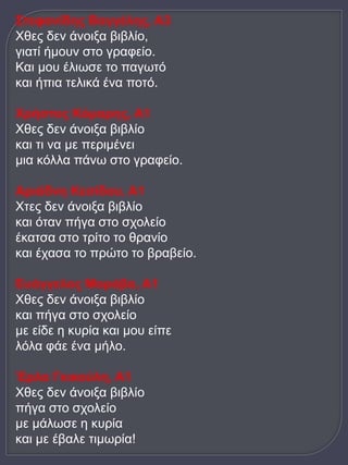 Στεφανίδης Βαγγέλης, Α3 
Χθες δεν άνοιξα βιβλίο, 
γιατί ήμουν στο γραφείο. 
Και μου έλιωσε το παγωτό 
και ήπια τελικά ένα ποτό. 
Χρήστος Κόμαρης, Α1 
Χθες δεν άνοιξα βιβλίο 
και τι να με περιμένει 
μια κόλλα πάνω στο γραφείο. 
Αριάδνη Κεσίδου, Α1 
Χτες δεν άνοιξα βιβλίο 
και όταν πήγα στο σχολείο 
έκατσα στο τρίτο το θρανίο 
και έχασα το πρώτο το βραβείο. 
Ευάγγελος Μοράβα, Α1 
Χθες δεν άνοιξα βιβλίο 
και πήγα στο σχολείο 
με είδε η κυρία και μου είπε 
λόλα φάε ένα μήλο. 
Έρλα Γκικούλη, Α1 
Χθες δεν άνοιξα βιβλίο 
πήγα στο σχολείο 
με μάλωσε η κυρία 
και με έβαλε τιμωρία! 

