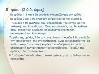 Β΄ φάση (2 διδ. ώρες) 
Οι ομάδες 1,5 και 4 θα ενωθούν σχηματίζοντας την ομάδα 1. 
Οι ομάδες 2 και 3 θα ενωθούν σχηματίζοντας την ομάδα 2. 
Η ομάδα 1 θα αναλάβει την "υπεράσπιση" του έργου και της 
πολιτικής του Καποδίστρια. Ένας εκπρόσωπός της θα καθίσει 
στην "ανακριτική καρέκλα" υποδυόμενος ένα πολίτη, 
υποστηρικτή του Καποδίστρια. 
Τα μέλη της ομάδας 2 θα τον ανακρίνουν. Η ομάδα 2 θα αναλάβει 
την "υπεράσπιση" της αντιπολίτευσης. Ένας εκπρόσωπός της θα 
καθίσει στην "ανακριτική καρέκλα" υποδυόμενος ένα πολίτη, 
υποστηρικτή των αντιπάλων του Καποδίστρια. Τα μέλη της 
ομάδας 1 θα τον ανακρίνουν. 
Η "ανάκριση" τοποθετείται χρονικά αμέσως μετά τη δολοφονία του 
Κυβερνήτη. 
 