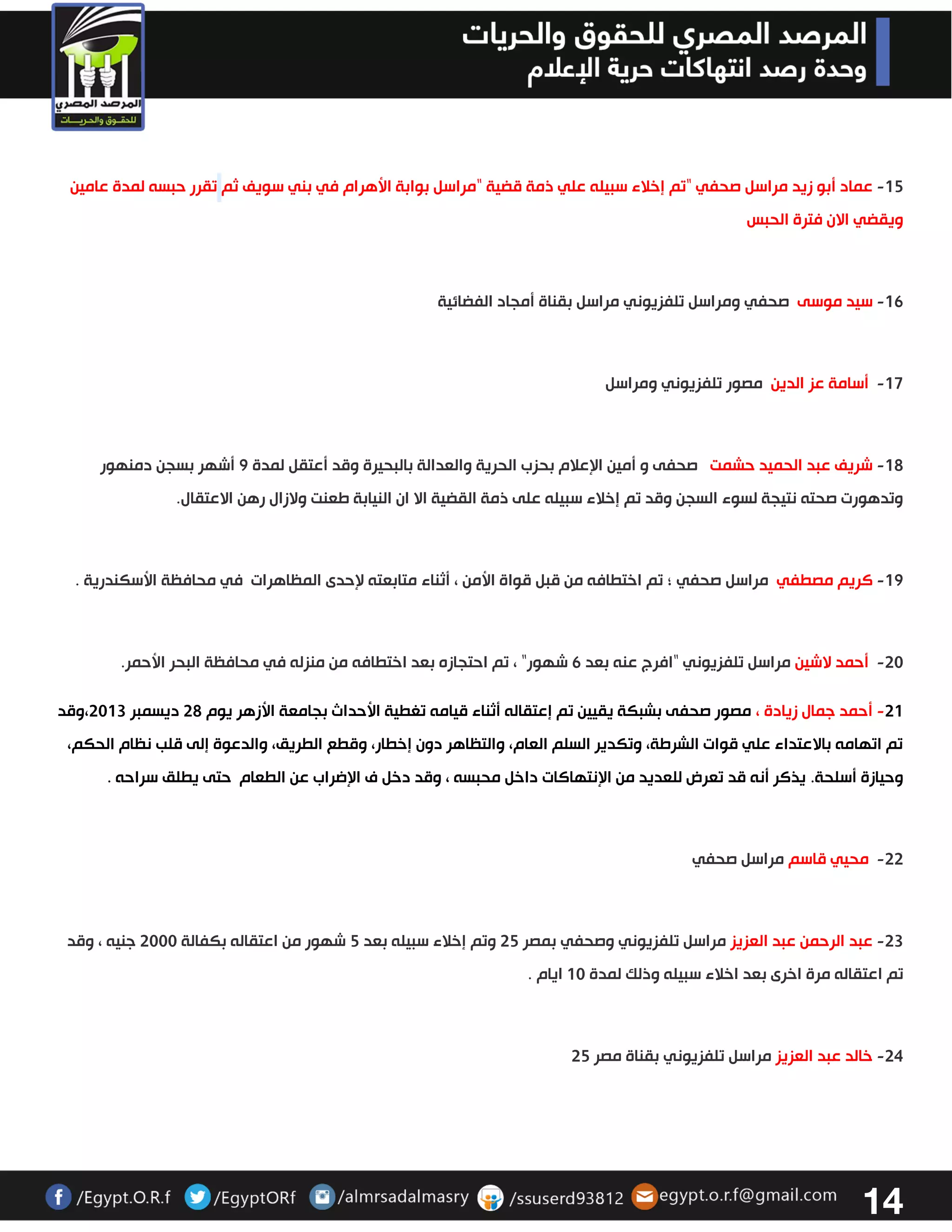 14 
02 عماد أبو زيد مراسل صحفي "تم إخلاء سبيله علي ذمة قضية - " مراسل بوابة الأهرام في بني سويف ثم تقرر حبسه لمدة عامين 
ويقضي الان فترة الحبس 
06 سيد موسى صحفي ومراسل تلفزيوني مراسل بقناة أمجاد الفضائية - 
07 أسامة عز الدين مصور تلفزيوني ومراسل - 
02 شريف عبد الحميد حشمت صحفى و أمين الإعلام بحزب الحرية والعدالة بالبحيرة وقد أعتقل لمدة 2 أشهر بسجن دمنهور - 
وتدهورت صحته نتيجة لسوء السجن وقد تم إخلاء سبيله على ذمة القضية الا ان النيابة طعنت ولازال رهن الاعتقال . 
02 كريم مصطفي مراسل صحفي - ؛ تم اختطافه من قبل قواة الأمن ، أثناء متابعته لإحدى المظاهرات في محافظة الأسكندرية . 
- 33 أحمد لاشين مراسل تلفزيوني "افرج عنه بعد 6 شهور " ، تم احتجازه بعد اختطافه من منزله في محافظة البحر الأحمر. 
30 أحمد جمال زيادة ، مصور صحفى بشبكة يقيين تم إعتقاله أثناء قيامه تغطية الأحداث بجامعة الأزهر يوم 32 ديسمبر 3303 ،وقد - 
تم اتهامه بالاعتداء علي قوات الشرطة، وتكدير السلم العام، والتظاهر دون إخطار، وقطع الطريق، والدعوة إلى قلب نظام الحكم، 
وحيازة أسلحة . يذكر أنه قد تعرض للعديد من الإنتهاكات داخل محبسه ، وقد دخل ف الإضراب عن الطعام حتى يطلق سراحه . 
33 محيي قاسم مراسل صحفي - 
33 عبد الرحمن عبد العزيز مراسل تلفزيوني وصحفي - بمصر 32 وتم إخلاء سبيله بعد 2 شهور من اعتقاله بكفالة 3333 جنيه ، وقد 
تم اعتقاله مرة اخرى بعد اخلاء سبيله وذلك لمدة 03 ايام . 
34 خالد عبد العزيز مراسل تلفزيوني - بقناة مصر 32 
 