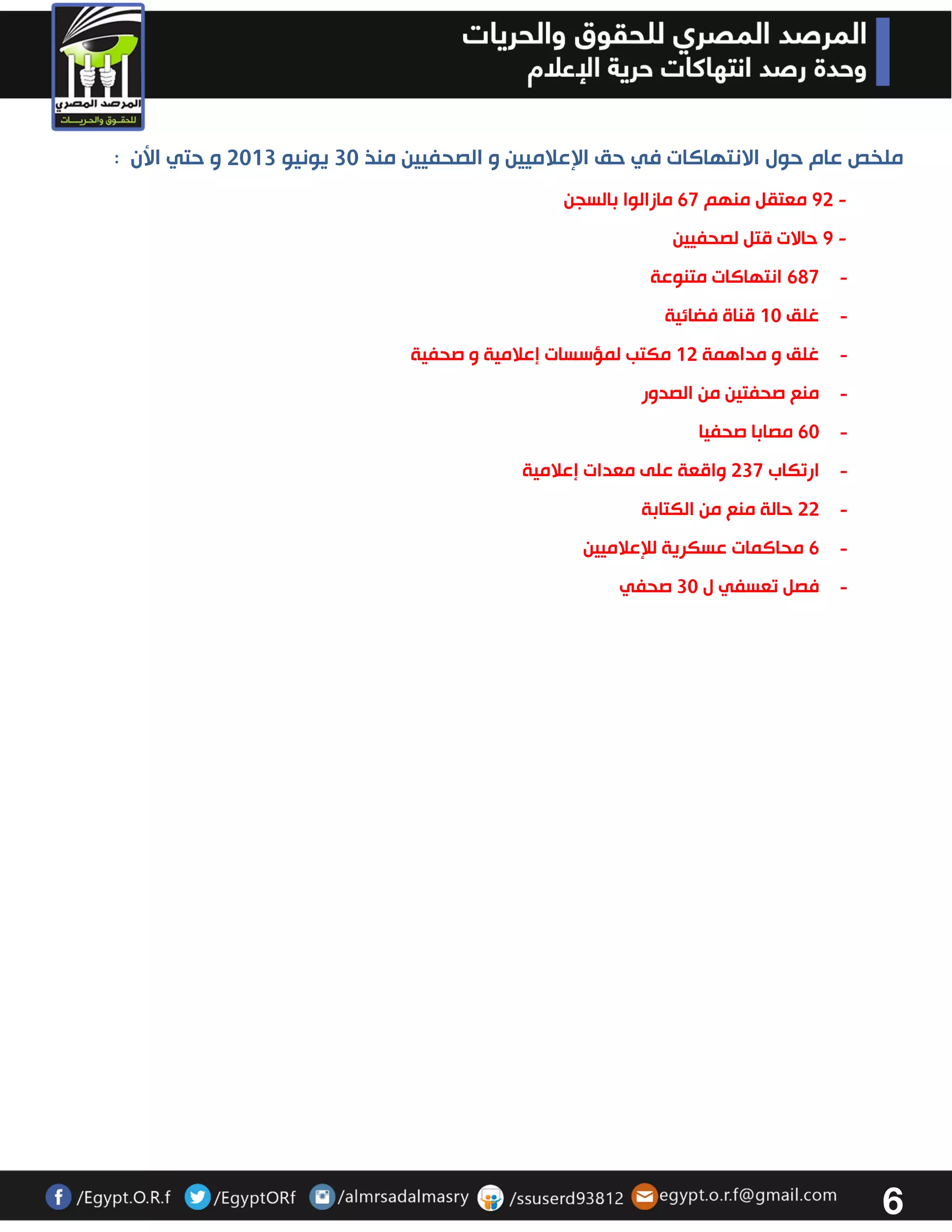 6 
ملخص عام حول الانتهاكات في حق الإعلاميين و الصحفيين منذ 33 يونيو 3303 و حتي الأن : 
23 معتقل منهم 67 مازالوا بالسجن - 
2 حالات قتل لصحفيين - 
- 627 انتهاكات متنوعة 
- غلق 03 قناة فضائية 
- غلق و مداهمة 03 مكتب لمؤسسات إعلامية و صحفية 
- منع صحفتين من الصدور 
- 63 مصابا صحفيا 
- ارتكاب 337 واقعة على معدات إعلامية 
- 33 حالة منع من الكتابة 
- 6 محاكمات عسكرية للإعلاميين 
- فصل تعسفي ل 33 صحفي 
 