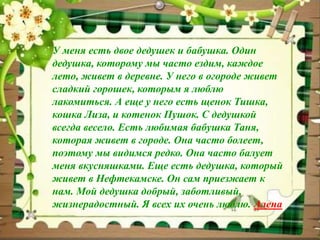 У меня есть двое дедушек и бабушка. Один 
дедушка, которому мы часто ездим, каждое 
лето, живет в деревне. У него в огороде живет 
сладкий горошек, которым я люблю 
лакомиться. А еще у него есть щенок Тишка, 
кошка Лиза, и котенок Пушок. С дедушкой 
всегда весело. Есть любимая бабушка Таня, 
которая живет в городе. Она часто болеет, 
поэтому мы видимся редко. Она часто балует 
меня вкусняшками. Еще есть дедушка, который 
живет в Нефтекамске. Он сам приезжает к 
нам. Мой дедушка добрый, заботливый, 
жизнерадостный. Я всех их очень люблю. Алена 
 