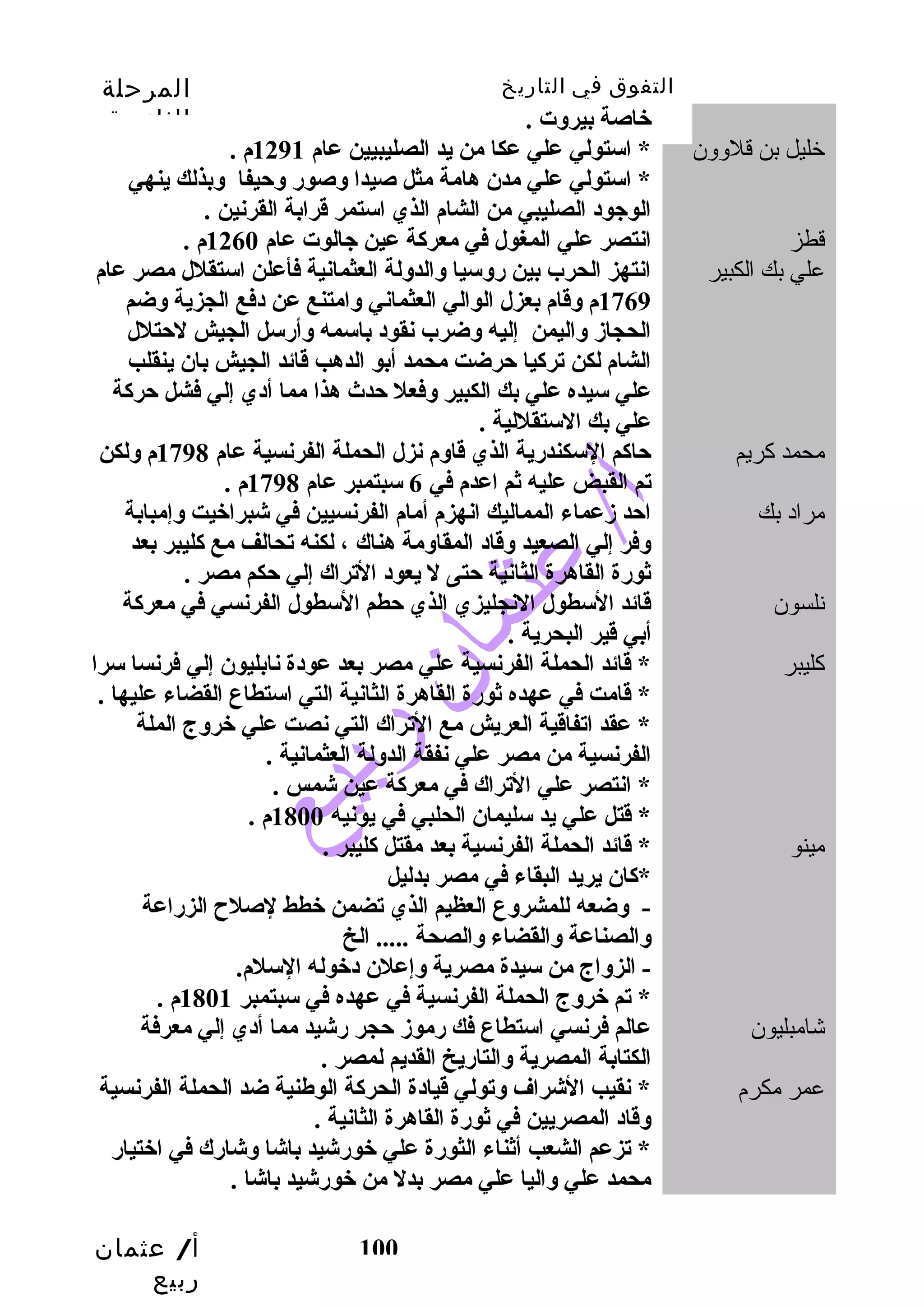 التفوق في التاريخ المرحلة 
الثانوية 
أ/ عثمان 
ربيع 
100 
خباصة بيروت . 
خليل بن قلوون * استولي علي عكا من يد الصليبيين عام 1291 م . 
* استولي علي مدن هامة مثل صيدا وصور وحيفا وبذلك ينهي 
الوجود الصليبي من الشام الذي استمر قدرابة القرنين . 
قطز انتصر علي المغول في معركة عين جالوت عام 1260 م . 
علي بك الكبير انتهز الحرب بين روسيا والدولة العثمانية فأعلن استقلل مصر عام 
1769 م وقدام بعزل الوالي العثماني وامتنع عن دفع الجزية وضم 
الحجاز واليمن إليه وضرب نقود باسمه وأرسل الجيش لحتلل 
الشام لكن تركيا حرضت محمد أبو الدهب  قدائد الجيش بان ينقلب  
علي سيده علي بك الكبير وفعل حدث هذا مما أدي إلي فشل حركة 
علي بك الستقللية . 
محمد كريم حاكم السكندرية الذي قداوم نزل الحملة الفرنسية عام 1798 م ولكن 
تم القبض عليه ثم اعدم في 6 سبتمبر عام 1798 م . 
مراد بك احد زعماء المماليك انهزم أمام الفرنسيين في شبراخبيت وإمبابة 
وفر إلي الصعيد وقداد المقاومة هناك ، لكنه تحالف مع كليبر بعد 
ثورة القاهرة الثانية حتى ل يعود التراك إلي حكم مصر . 
نلسون قدائد السطول النجليزي الذي حطم السطول الفرنسي في معركة 
أبي قدير البحرية . 
كليبر * قدائد الحملة الفرنسية علي مصر بعد عودة نابليون إلي فرنسا سرا 
* قدامت في عهده ثورة القاهرة الثانية التي استطاع القضاء عليها . 
* عقد اتفاقدية العريش مع التراك التي نصت علي خبروج الملة 
الفرنسية من مصر علي نفقة الدولة العثمانية . 
* انتصر علي التراك في معركة عين شمس . 
* قدتل علي يد سليمان الحلبي في يونيه 1800 م . 
مينو * قدائد الحملة الفرنسية بعد مقتل كليبر . 
*كان يريد البقاء في مصر بدليل 
- وضعه للمشروع العظيم الذي تضمن خبطط لصلح الزراعة 
والصناعة والقضاء والصحة ..... الخ 
- الزواج من سيدة مصرية وإعلن دخبوله السلم. 
* تم خبروج الحملة الفرنسية في عهده في سبتمبر 1801 م . 
شامبليون عالم فرنسي استطاع فك رموز حجر رشيد مما أدي إلي معرفة 
الكتابة المصرية والتاريخ القديم لمصر . 
عمر مكرم * نقيب  الشراف وتولي قديادة الحركة الوطنية ضد الحملة الفرنسية 
وقداد المصريين في ثورة القاهرة الثانية . 
* تزعم الشعب  أثناء الثورة علي خبورشيد باشا وشارك في اخبتيار 
محمد علي واليا علي مصر بدل من خبورشيد باشا . 
 