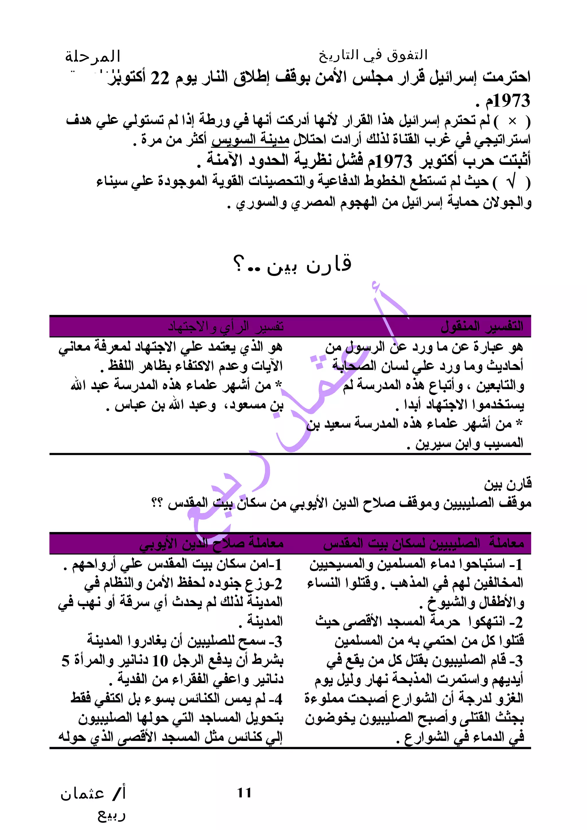 التفوق في التاريخ المرحلة 
الثانوية 
احترمت إسرائيل قرار مجلس المن بوقف إطهلق النار يوم 22 أكتوبر 
أ/ عثمان 
ربيع 
11 
1973 م . 
لم تحترم إسرائيل هذا القرار لنها أدركت أنها في ورطهة إذا لم تستولي علي هدف ( × ) 
استراتيجي في غرب القناة لذلك أرادت احتلل مدينة السويس أكثر من مرة . 
أثبتت حرب أكتوبر 1973 م فشل نظرية الحدود المنة . 
( √ ) حيث لم تستطع الخطوط الدفاعية والتحصينات القوية الموجودة علي سيناء 
والجولن حماية إسرائيل من الهجوم المصري والسوري . 
قارن بين ..؟ 
التفسير المنقول تفسير الرأي والجتتهاد 
هو عبارة عن ما ورد عن الرسول من 
أحاديث وما ورد علي لسان الصحابة 
والتابعين ، وأتباع هذه المدرسة لم 
يستخدموا الجتهاد أبدا . 
* من أشهر علماء هذه المدرسة سعيد بن 
المسيب وابن سيرين . 
هو الذي يعتمد علي الجتهاد لمعرفة معاني 
اليات وعدم الكتفاء بظاهر اللفظ . 
* من أشهر علماء هذه المدرسة عبد ال 
بن مسعود، وعبد ال بن عباس . 
قارن بين 
موقف الصليبيين وموقف صلح  الدين اليوبي من سكان بيت المقدس ؟؟ 
معاملة الصليبيين لسكان بيت المقدس معاملة صلح  الدين اليوبي 
-1 استباحوا دماء المسلمين والمسيحيين 
المخالفين لهم في المذهب . وقتلوا النساء 
والطهفال والشيوخ . 
-2 انتهكوا حرمة المسجد القصى حيث 
قتلوا كل من احتمي به من المسلمين 
-3 قام الصليبيون بقتل كل من يقع في 
أيديهم واستمرت المذبحة نهار وليل يوم 
الغزو لدرجة أن الشوارع أصبحت مملوءة 
بجثث القتلى وأصبح الصليبيون يخوضون 
في الدماء في الشوارع . 
-1 امن سكان بيت المقدس علي أرواحهم . 
-2 وزع جنوده لحفظ المن والنظام في 
المدينة لذلك لم يحدث أي سرقة أو نهب في 
المدينة . 
-3 سمح للصليبين أن يغادروا المدينة 
بشرط أن يدفع الرجل 10 دنانير والمرأة 5 
دنانير واعفي الفقراء من الفدية . 
-4 لم يمس الكنائس بسوء بل اكتفي فقط 
بتحويل المساجد التي حولها الصليبيون 
إلي كنائس مثل المسجد القصى الذي حوله 
 