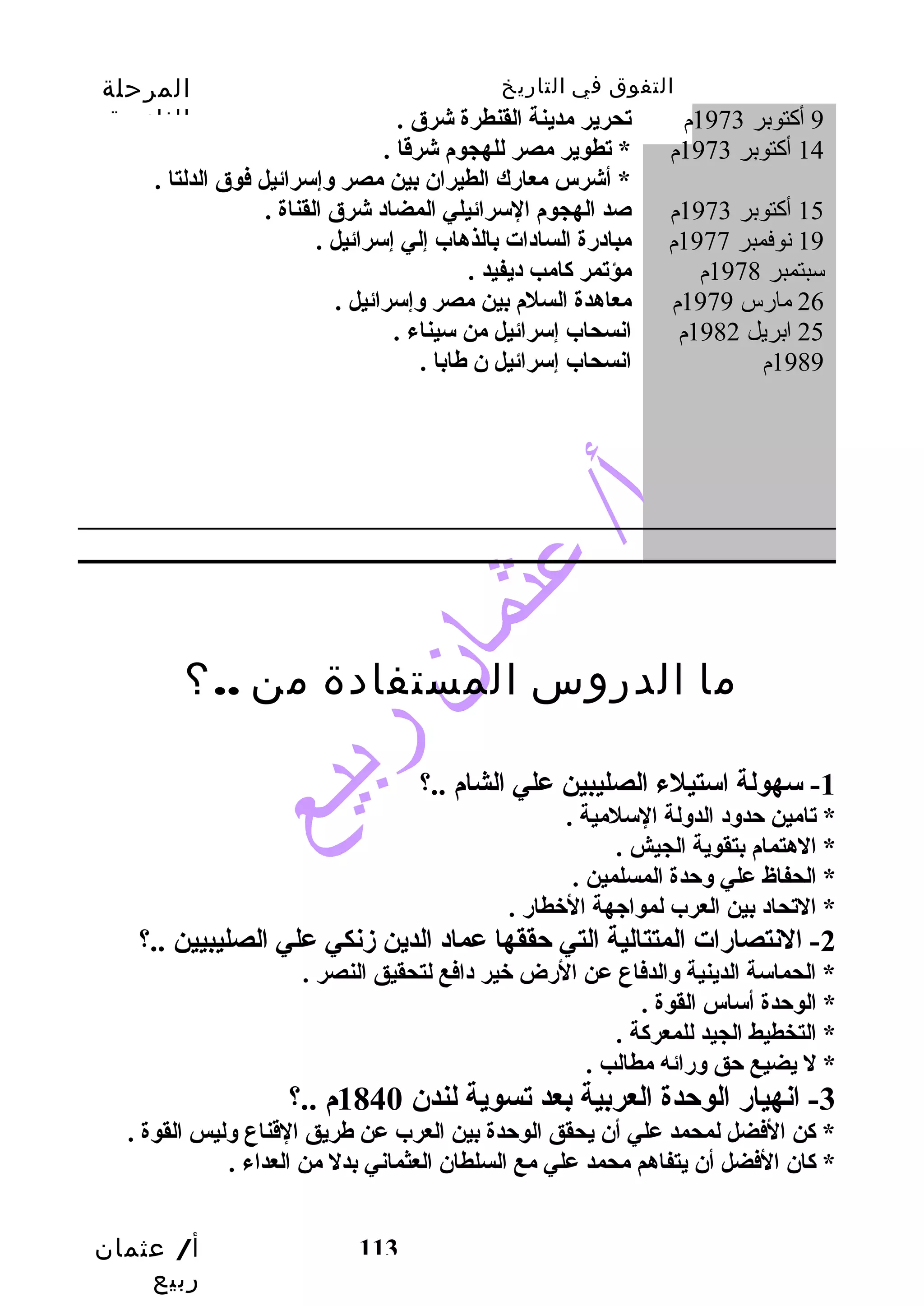 التفوق في التاريخ المرحلة 
الثانوية 
* أشرس معارك الطيران بين مصر وإسرائيل فوق الدلتا . 
أ/ عثمان 
ربيع 
9 أكتوبر 1973 م تحرير مدينة القنطرة شرق . 
14 أكتوبر 1973 م * تطوير مصر للهجوم شرقدا . 
15 أكتوبر 1973 م صد الهجوم السرائيلي المضاد شرق القناة . 
19 نوفمبر 1977 م مبادرة السادات بالذهاب إلي إسرائيل . 
سبتمبر 1978 م مؤتمر كامب  ديفيد . 
26 مارس 1979 م معاهدة السلم بين مصر وإسرائيل . 
25 ابريل 1982 م انسحاب إسرائيل من سيناء . 
113 
1989 م انسحاب إسرائيل ن طابا . 
ما الدروس المستفادة من ..؟ 
-1 سهولة استيلء الصليبين علي الشام ..؟ 
* تامين حدود الدولة السلمية . 
* الهتمام بتقوية الجيش . 
* الحفاظ علي وحدة المسلمين . 
* التحاد بين العرب لمواجهة الخبطار . 
-2 النتصارات المتتالية التي حققها عماد الدين زنكي علي الصليبيين ..؟ 
* الحماسة الدينية والدفاع عن الرض خبير دافع لتحقيق النصر . 
* الوحدة أساس القوة . 
* التخطيط الجيد للمعركة . 
* ل يضيع حق ورائه مطالب  . 
-3 انهيار الوحدة العربية بعد تسوية لندن 1840 م ..؟ 
* كن الفضل لمحمد علي أن يحقق الوحدة بين العرب عن طريق القدناع وليس القوة . 
* كان الفضل أن يتفاهم محمد علي مع السلطان العثماني بدل من العداء . 
 