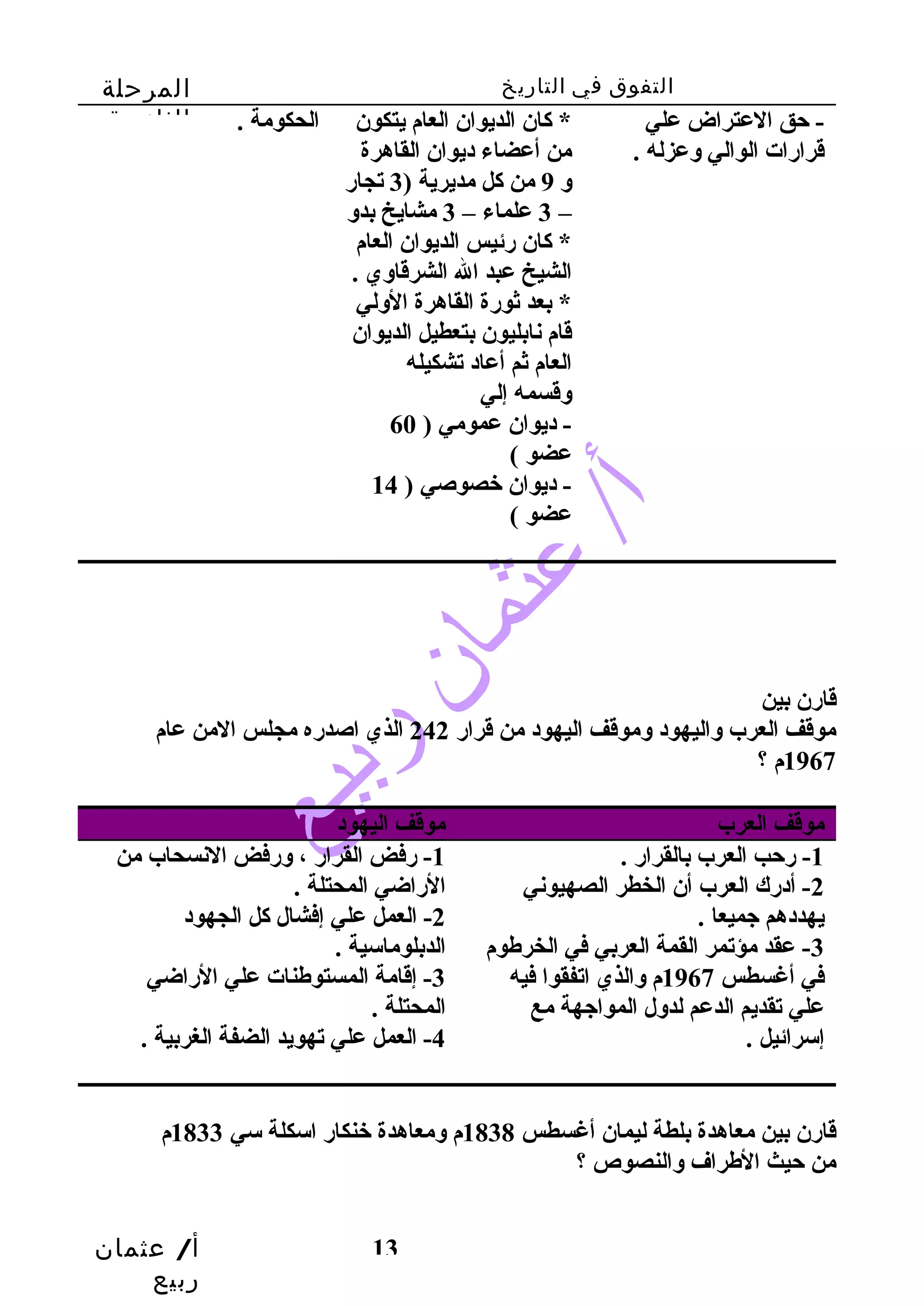 التفوق في التاريخ المرحلة 
الثانوية 
أ/ عثمان 
ربيع 
13 
- حق العتراض علي 
قرارات الوالي وعزله . 
* كان الديوان العام يتكون 
من أعضاء ديوان القاهرة 
و 9 من كل مديرية ( 3 تجار 
3 علماء – 3 مشايخ بدو – 
* كان رئيس الديوان العام 
الشيخ عبد ال الشرقاوي . 
* بعد ثورة القاهرة الولي 
قام نابليون بتعطيل الديوان 
العام ثم أعاد تشكيله 
وقسمه إلي 
- ديوان عمومي ( 60 
عضو ) 
- ديوان خصوصي ( 14 
عضو ) 
الحكومة . 
قارن بين 
موقف العرب واليهود وموقف اليهود من قرار 242 الذي اصدره مجلس المن عام 
1967 م ؟ 
موقف العرب موقف اليهود 
-1 رحب العرب بالقرار . 
-2 أدرك العرب أن الخطر الصهيوني 
يهددهم جميعا . 
-3 عقد مؤتمر القمة العربي في الخرطهوم 
في أغسطس 1967 م والذي اتفقوا فيه 
علي تقديم الدعم لدول المواجهة مع 
إسرائيل . 
-1 رفض القرار ، ورفض النسحاب من 
الراضي المحتلة . 
-2 العمل علي إفشال كل الجهود 
الدبلوماسية . 
-3 إقامة المستوطهنات علي الراضي 
المحتلة . 
-4 العمل علي تهويد الضفة الغربية . 
قارن بين معاهدة بلطة ليمان أغسطس 1838 م ومعاهدة خنكار اسكلة سي 1833 م 
من حيث الطهراف والنصوص ؟ 
 