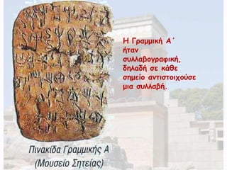 Η Γραμμική Α΄ 
ήταν 
συλλαβογραφική, 
δηλαδή σε κάθε 
σημείο αντιστοιχούσε 
μια συλλαβή. 
 