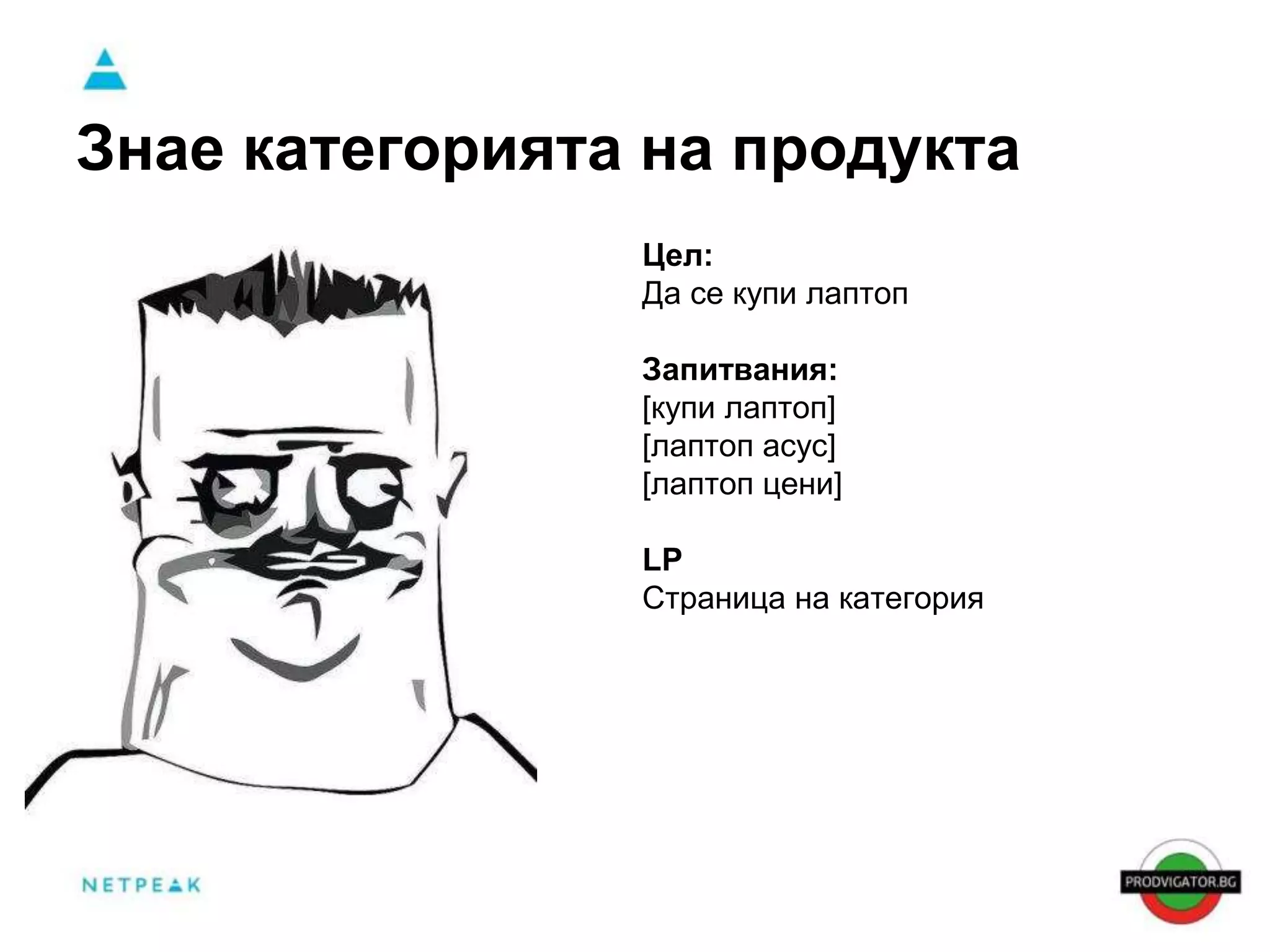 Знае категорията на продукта 
Цел: 
Да се купи лаптоп 
Запитвания: 
[купи лаптоп] 
[лаптоп асус] 
[лаптоп цени] 
LP 
Страница на категория 
 