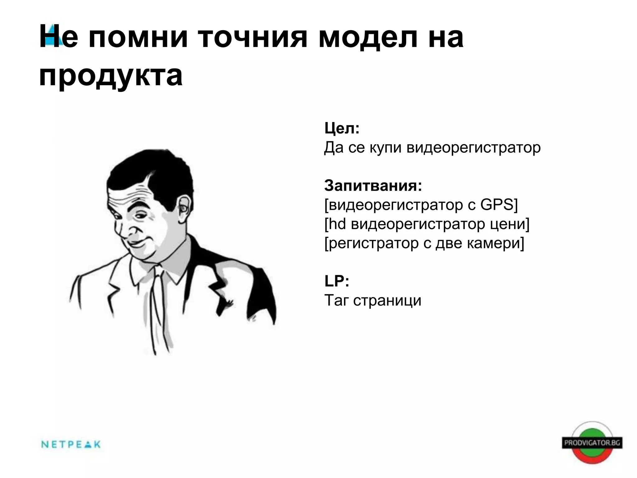 Не помни точния модел на 
продукта 
Цел: 
Да се купи видеорегистратор 
Запитвания: 
[видеорегистратор с GPS] 
[hd видеорегистратор цени] 
[регистратор с две камери] 
LP: 
Таг страници 
 
