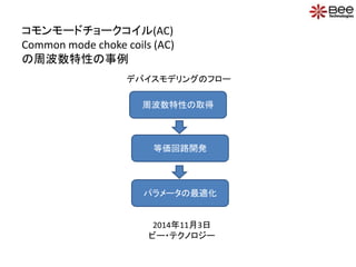 コモンモードチョークコイル(AC) 
Common mode choke coils (AC) 
の周波数特性の事例 
デバイスモデリングのフロー 
周波数特性の取得 
等価回路開発 
パラメータの最適化 
2014年11月3日 
ビー・テクノ...