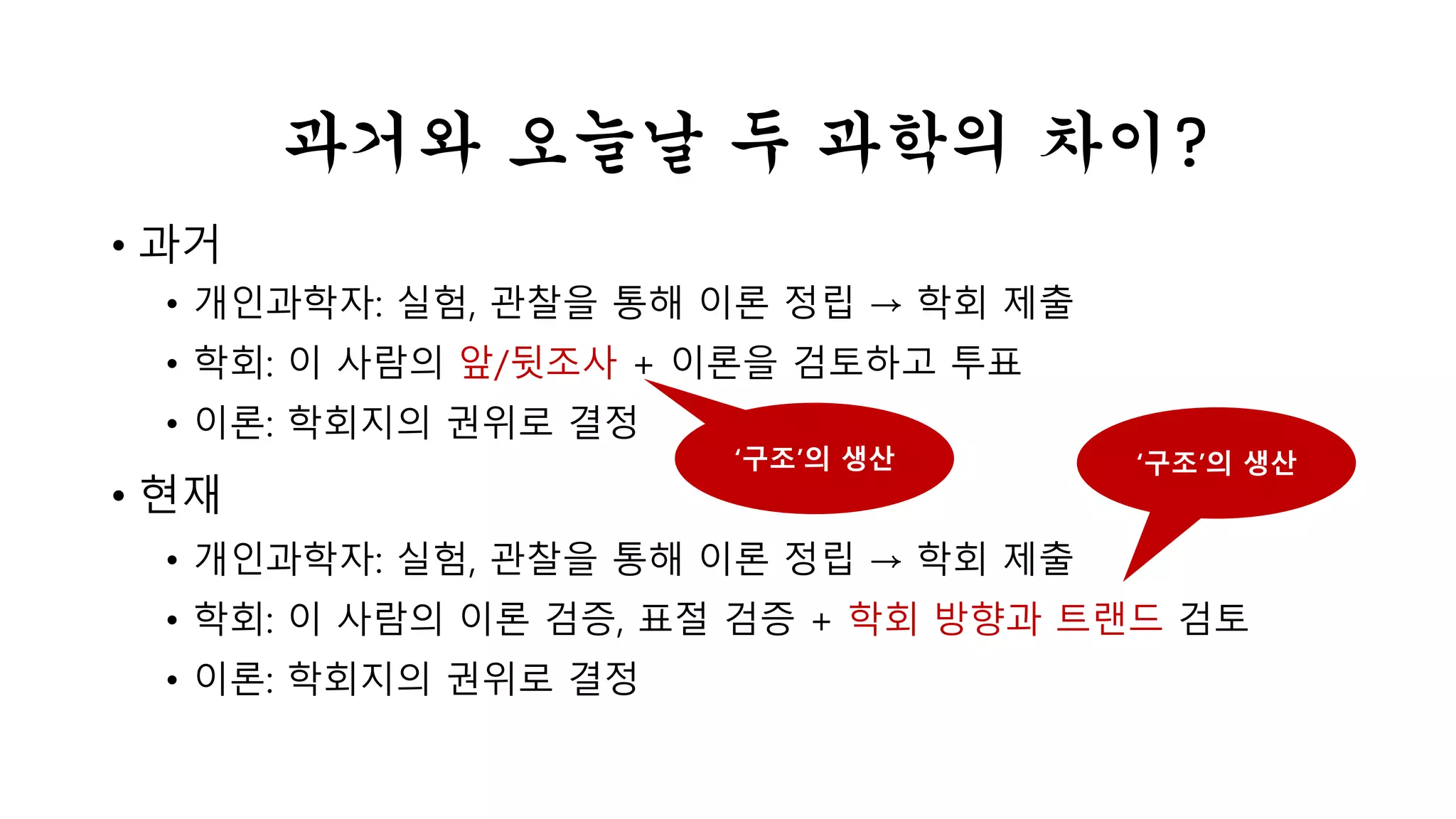 • 과거 
과거와 오늘날 두 과학의 차이? 
• 개인과학자: 실험, 관찰을 통해 이론 정립 → 학회 제출 
• 학회: 이 사람의 앞/뒷조사 + 이론을 검토하고 투표 
• 이론: 학회지의 권위로 결정 
• 현재 
‘구조’의 생산 ‘구조’의 생산 
• 개인과학자: 실험, 관찰을 통해 이론 정립 → 학회 제출 
• 학회: 이 사람의 이론 검증, 표절 검증 + 학회 방향과 트랜드 검토 
• 이론: 학회지의 권위로 결정 
 