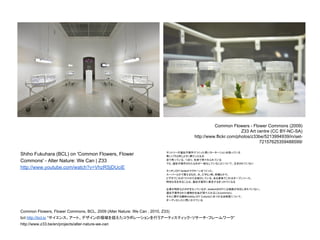 Common Flowers, Flower Commons, BCL, 2009 (Alter Nature: We Can , 2010, Z33)
bcl http://bcl.io “サイエンス、アート、デザインの領域を超えたコラボレーションを行うアーティスティック・リサーチ・フレームワーク”
http://www.z33.be/en/projects/alter-nature-we-can
Shiho Fukuhara (BCL) on 'Common Flowers, Flower
Commons' - Alter Nature: We Can | Z33
http://www.youtube.com/watch?v=VhzRSjDUciE
Common Flowers - Flower Commons (2009)
Z33 Art centre (CC BY-NC-SA)
http://www.flickr.com/photos/z33be/5213994939/in/set-
72157625359488599/
サントリーが遺伝子操作でつくった青いカーネーションを扱っている
青いバラと同じように夢だったもの
店で売っている、つまり、社会で受けれられている
でも、遺伝子操作されたものが一般化していることについて、注目されていない
キッチンDIY biotechでクローンをつくった。
スーパーとかで買えるもの、水、ビタミン剤、砂糖とかで。
ビデオでこれのつくりかたを紹介している、ある意味でこれはオープンソース。
特別な花を作ることは、遺伝子操作に着目するきっかけになる
企業が特許などのIPをもっているが、biotechのDIYには制度が対応しきれていない。
遺伝子操作された植物を社会が受け入れること(common)、
それに関する趣味(hobby,DIY Culture)にまつわる法制度について、
オーディセンスに問いかけている
 