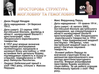  Джон Коудрі Кендрю 
 Дата народження – 24 березня 
1917. 
 Дата смерті- 23 серпня 1997. 
Англійський біохімік, фахівець в 
області молекулярної біології і 
кристалографії, член 
Лондонського королівського 
товариства 
 В 1957 році вперше визначив 
просторове розташування 
поліпептидних ланцюжків в 
молекулі білку міоглобіну; у 1959 
встановив його детальну будову, 
підтвердивши наявність в ньому α- 
спіралей, передбачених в 1951 
році Лайнусом Поллінгом. 
 Лауреат Нобелєвської премії з 
хімії 1962 року, спільно з Максом 
Перуцом 
 Макс Фердинанд Перуц 
 Дата народження – 19 травня 1914 . 
 Дата смерті —6 лютого 2002, 
Англійський біохімік австрійського 
походження, що спеціалізувався в 
області молекулярної біологіїі 
кристалографії, член Лондонського 
королівського товариства (з 1954 
року). Член Американської академії 
мистецтв(з 1963року), член 
Австрійської академії наук (з 1963 
року) і багатьох наукових 
товариств. 
 Основні роботи Перуца по 
вивченню структури білка за 
допомогою вдосконаленого ним 
методу рентгеноструктурного 
аналізу. Вперше розшифрував 
просторову будову молекули 
гемоглобіну. За цю роботу отримав 
Нобелєвмьку премію з хімії 1962 
року. 
 