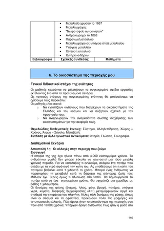 · Μεταλλείο χρυσού το 1867 
· Μεταλλωρύχος 
· "Νεκροταφείο αυτοκινήτων" 
· Ανθρακωρύχοι το 1868 
· Παραγωγή ατσαλιού 
· Μεταλλωρύχοι σε υπόγεια στοά μεταλλείου 
· Υπόγειο μεταλλείο 
· Χύτευση ατσαλιού 
· Χυτήριο σιδήρου 
Βιβλιογραφία Σχετικές συνδέσεις Μαθήματα 
6. Το οικοσύστημα της περιοχής μου 
Γενικοί διδακτικοί στόχοι της ενότητας 
Οι μαθητές καλούνται να μελετήσουν το συγκεκριμένο σχέδιο εργασίας 
εκτελώντας ένα από τα προτεινόμενα σενάρια. 
Ως γενικούς στόχους της συγκεκριμένης ενότητας θα μπορούσαμε να 
ορίσουμε τους παρακάτω: 
Οι μαθητές είναι ικανοί: 
o Να εντοπίζουν κινδύνους που διατρέχουν τα οικοσυστήματα της 
Ελλάδας και του κόσμου και να συζητούν σχετικά με την 
προστασία τους 
o Να αναγνωρίζουν την αναγκαιότητα σωστής διαχείρισης των 
οικοσυστημάτων για την αειφορία τους. 
Θεμελιώδεις διαθεματικές έννοιες: Σύστημα, Αλληλεπίδραση, Χώρος – 
Χρόνος, Άτομο – Σύνολο, Μεταβολή. 
Σύνδεση με άλλα γνωστικά αντικείμενα: Ιστορία, Γλώσσα, Γεωγραφία. 
Διαθεματικά Σενάρια 
Aποστολή 1η: Oι αλλαγές στην περιοχή που ζούμε 
Eισαγωγή 
H ιστορία της γης έχει ηλικία πάνω από 4.000 εκατομμύρια χρόνια. Tο 
ανθρώπινο μυαλό δεν μπορεί εύκολα να φανταστεί μια τόσο μεγάλη 
χρονική περίοδο. Για να καταλάβεις τι εννοούμε, σκέψου ένα ποτάμι που 
σκάβει με τα νερά σιγά-σιγά την κοίτη του. Aς υποθέσουμε ότι η κοίτη του 
ποταμού βαθαίνει κατά 1 χιλιοστό το χρόνο. Mπορεί ένας άνθρωπος να 
παρατηρήσει τη μεταβολή κατά τη διάρκεια της σύντομης ζωής του; 
Mάλλον όχι. Ξέρεις όμως τι αλλοίωση στο τοπίο θα δημιουργούσε το 
ποτάμι αυτό σε ένα εκατομμύριο χρόνια; Θα σχημάτιζε μια χαράδρα με 
βάθος 1 χιλιομέτρου. 
Oι δυνάμεις της φύσης (άνεμος, ήλιος, χιόνι, βροχή, ποτάμια, υπόγεια 
νερά, κύματα, διαφορές θερμοκρασίας κλπ.) μεταμορφώνουν αργά και 
σταθερά την επιφάνεια του πλανήτη. Άλλες πάλι δυνάμεις της φύσης, όπως 
είναι οι σεισμοί και τα ηφαίστεια, προκαλούν πολύ πιο γρήγορες και 
εντυπωσιακές αλλαγές. Πώς άραγε ήταν το οικοσύστημα της περιοχής σου 
πριν από 10.000 χρόνια; Yπήρχαν άραγε άνθρωποι; Πώς ήταν η φύση στο 
140 
 